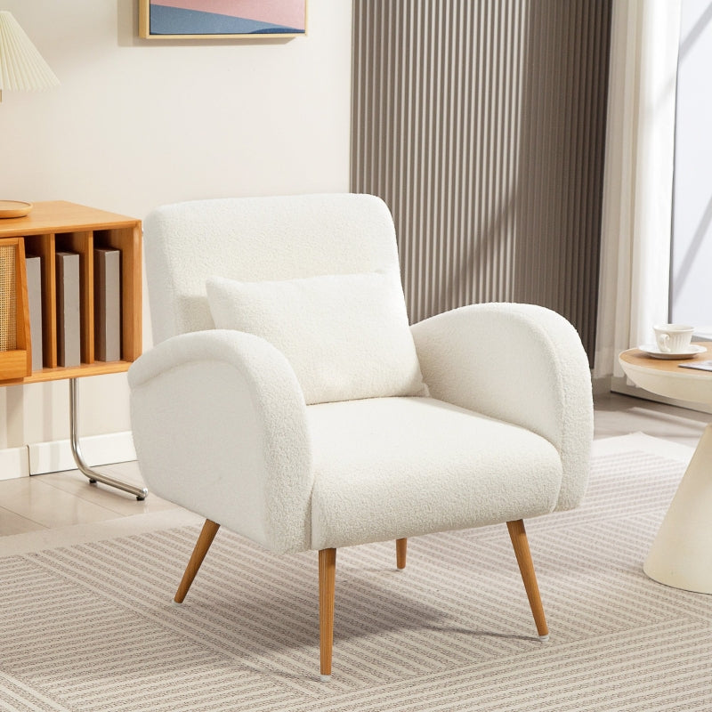 Upholstered Armchair, Padded with Lumbar Cushion and Metal Legs, Fleece, Cream White