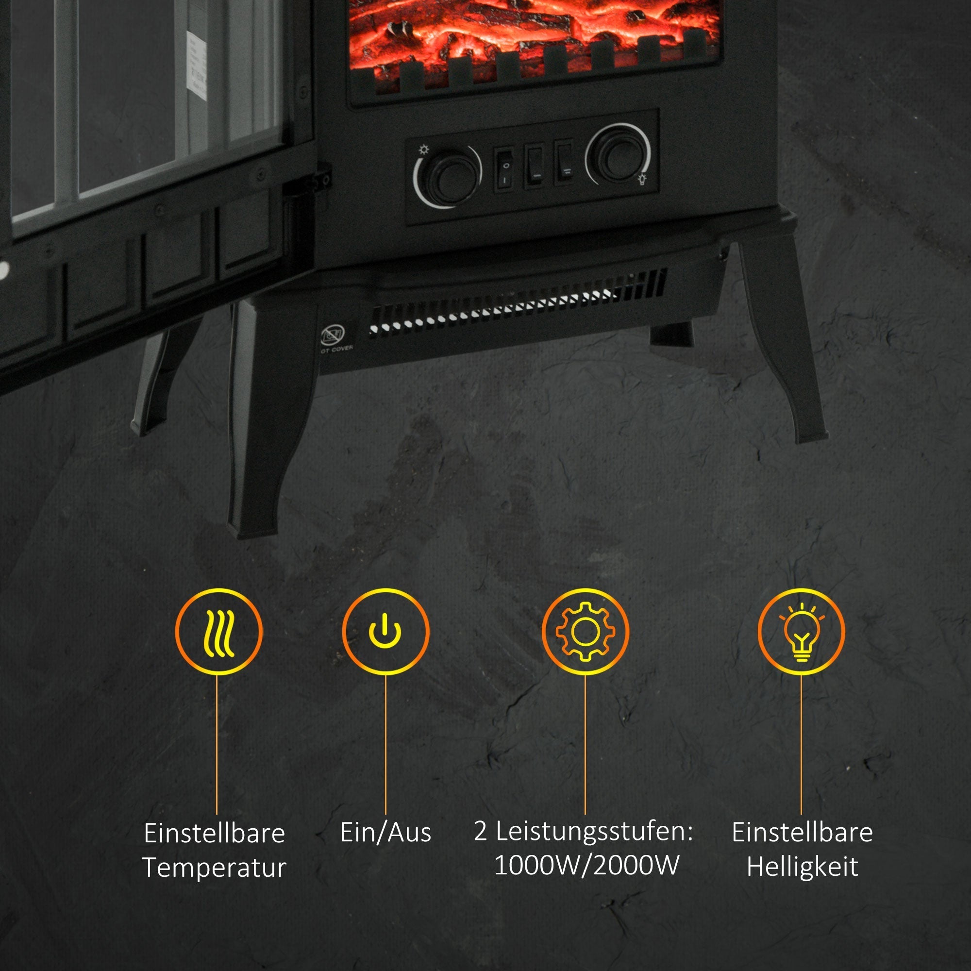Electric Fireplace, 2000W Freestanding LED Flame, Metal