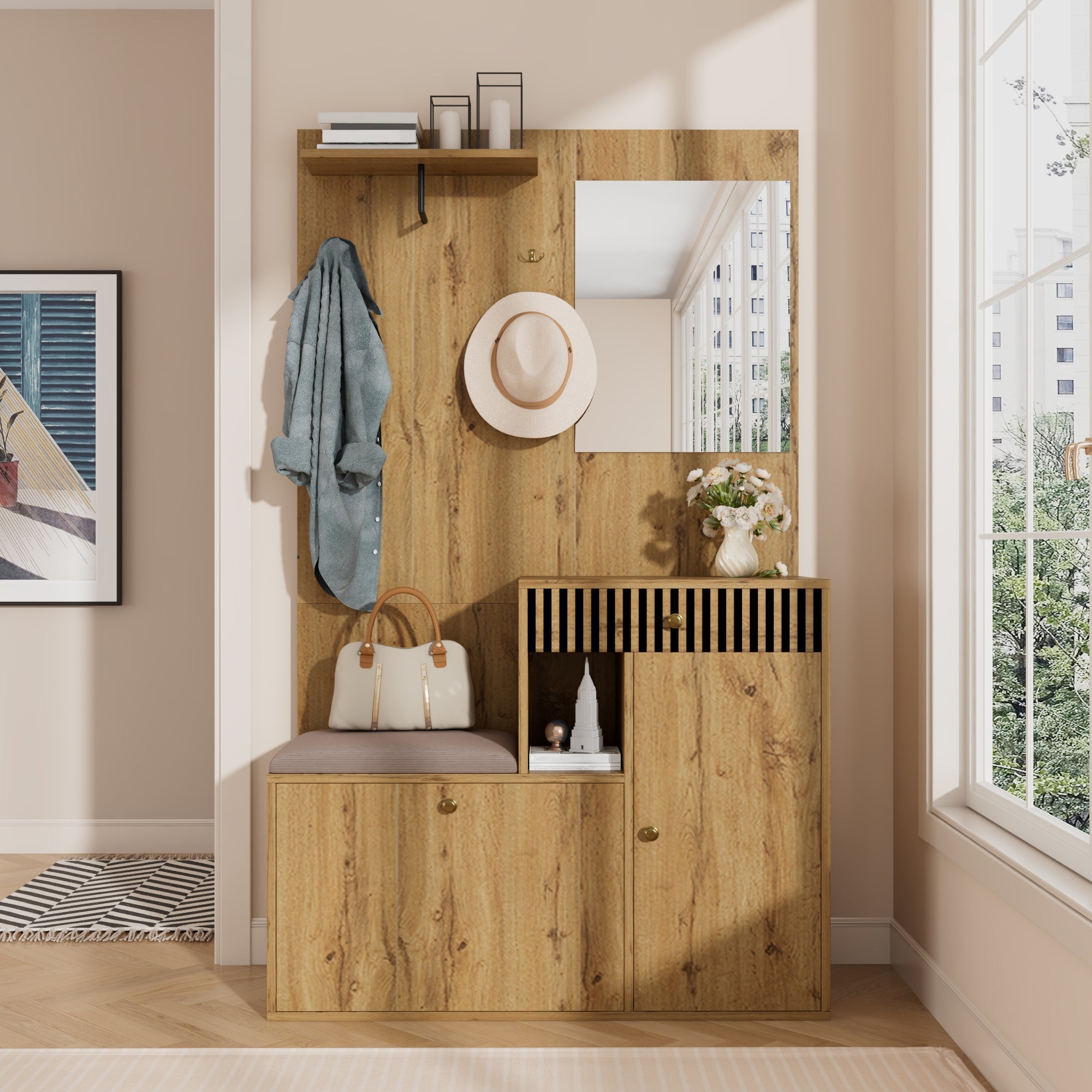 Wardrobe Set, Hallway Mirror Cushion Shoe Cabinet, 110x185.5x37cm
