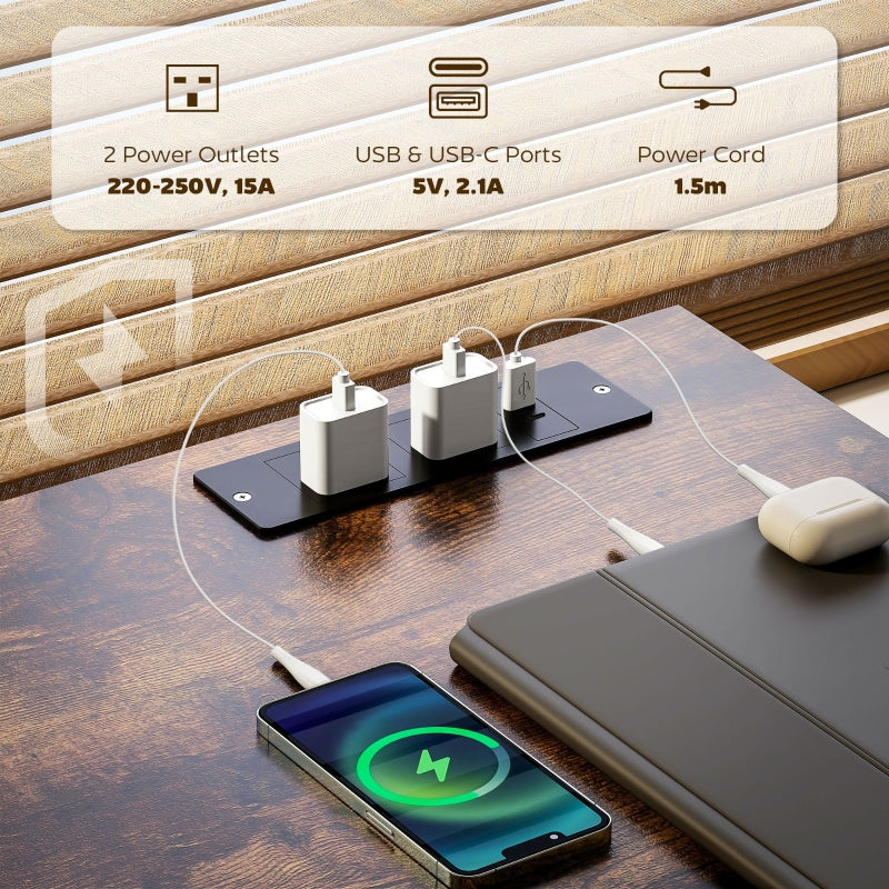 120cm Computer Desk with Power Outlets, Drawers and Storage Shelves, Rustic Brown