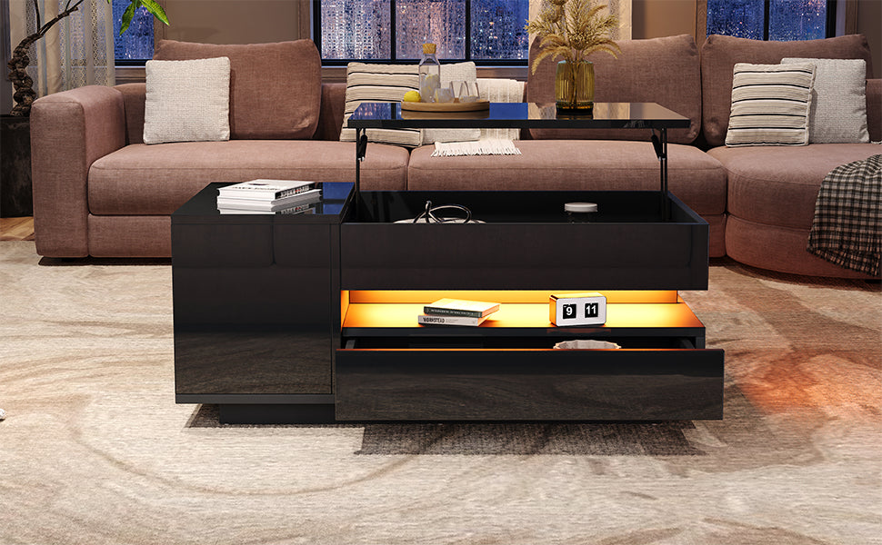 Coffee Table Liftable 95x50x34.5cm, LED, High-Gloss Black