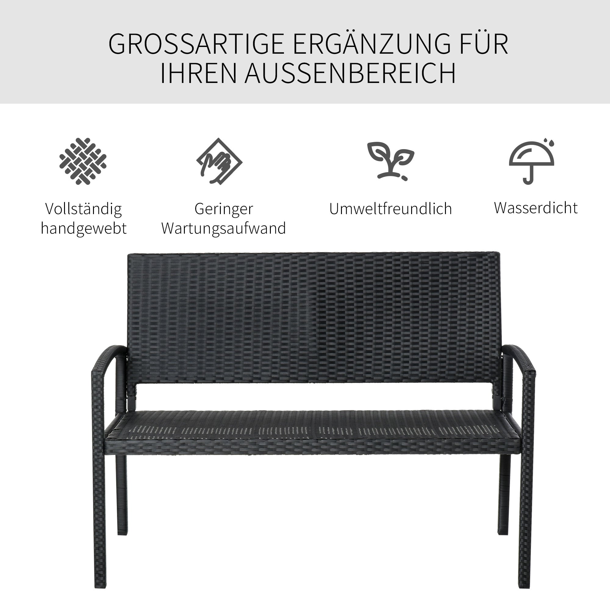 Polyrattan Garden Bench 2-Seater Park Bench Steel Frame Wicker, Black