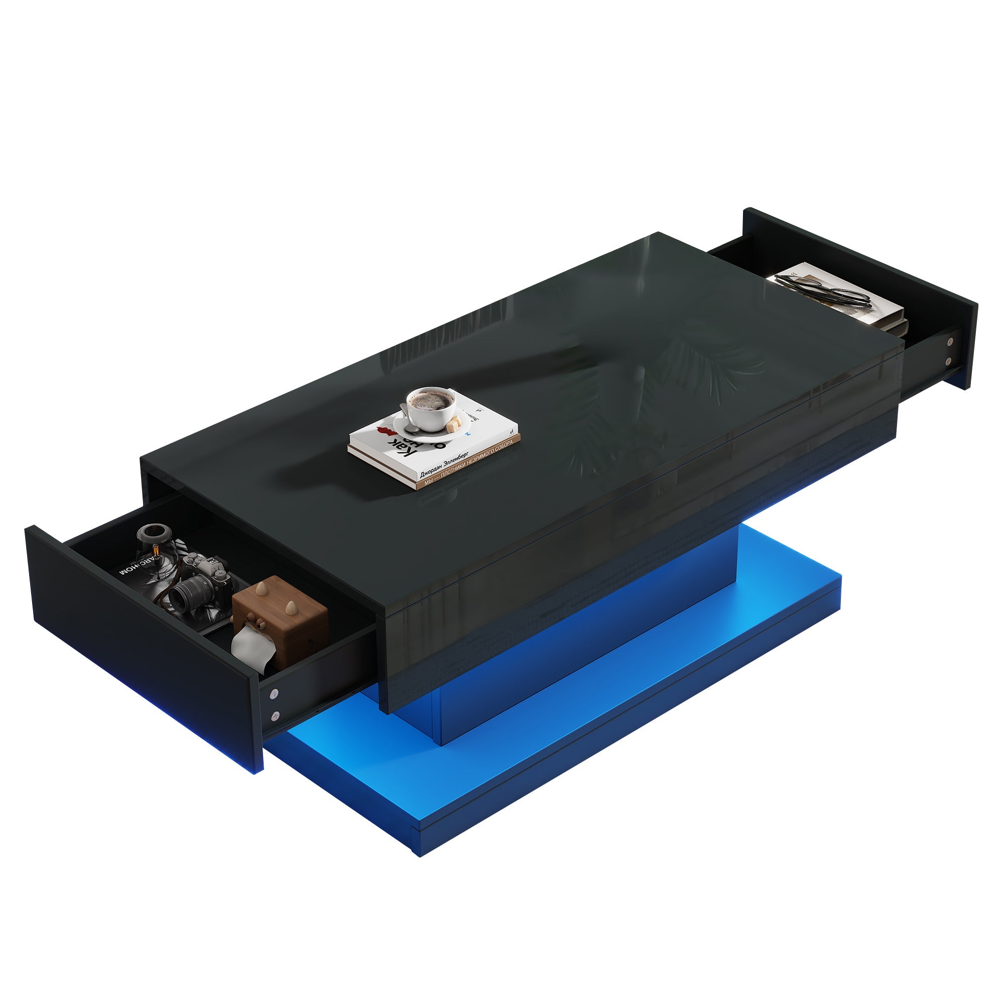 Coffee Table 100x50x45cm, 2 Drawers, LED Light, High-Gloss Black