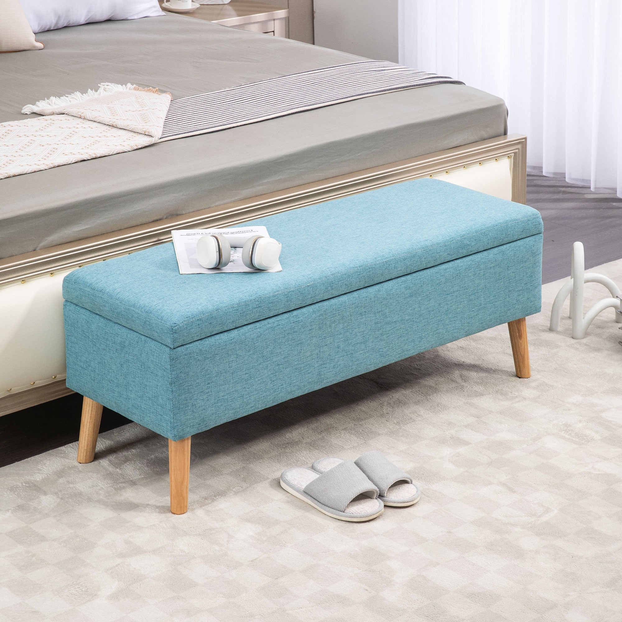 Upholstered Bench Storage Bed Hallway Blue