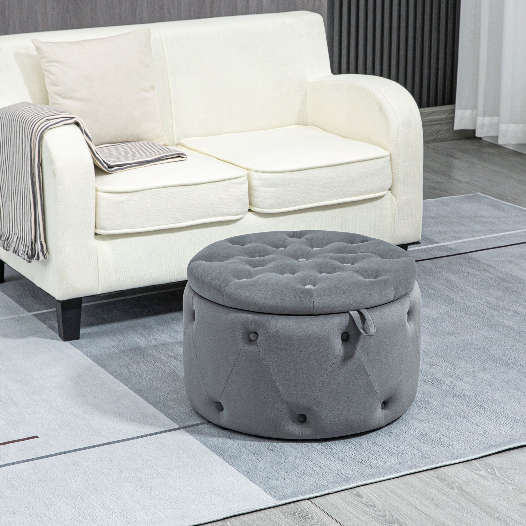Storage Ottoman Round Upholstered Stool with Lid, Gray Velvet