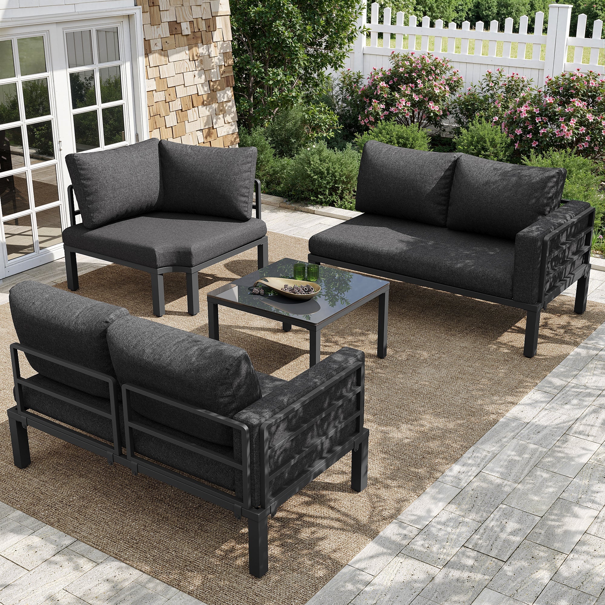 Garden Furniture Set 4-5 Seater with Tempered Glass Coffee Table Adjustable Legs Galvanized Iron Grey Cushions