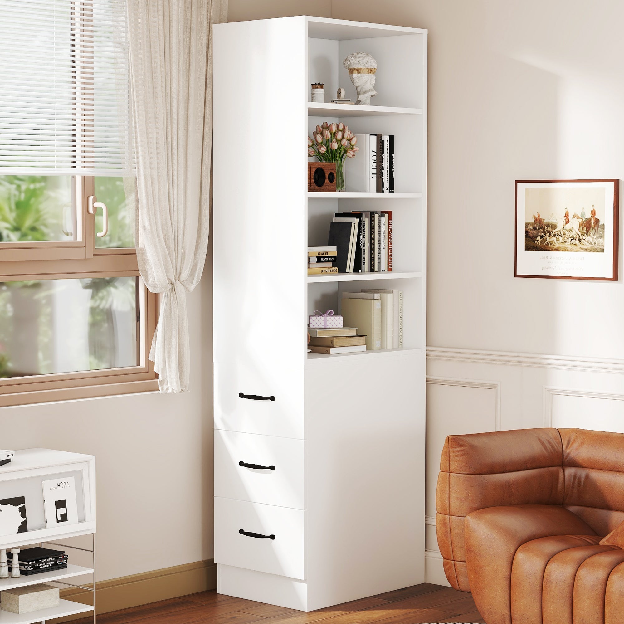 Bookcase, 180cm Extra-Narrow with Side Drawers, Adjustable Shelves, Living Room Tall Cabinet