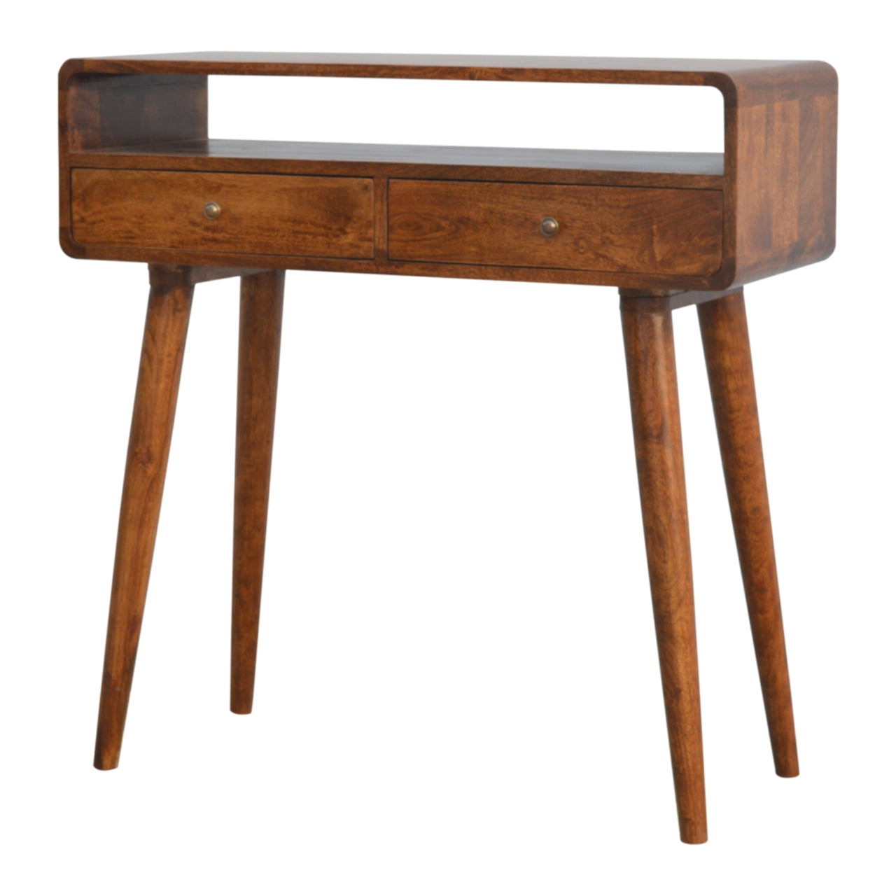 Solid Wood Console Table, Curved Chestnut 2-Drawer, Brown