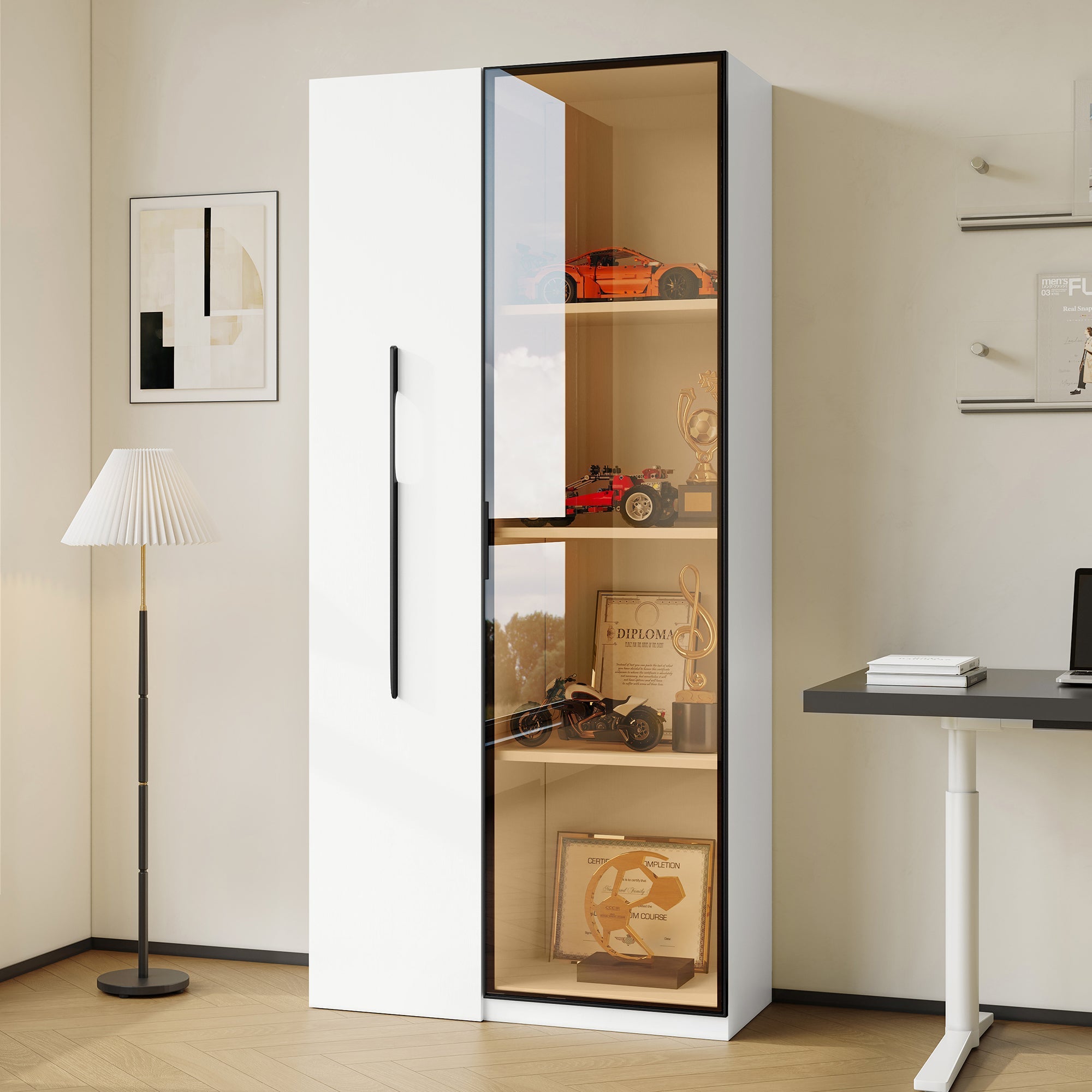 Multifunctional Cabinet 160cm Glass Doors LED Lighting, Aluminum Frame