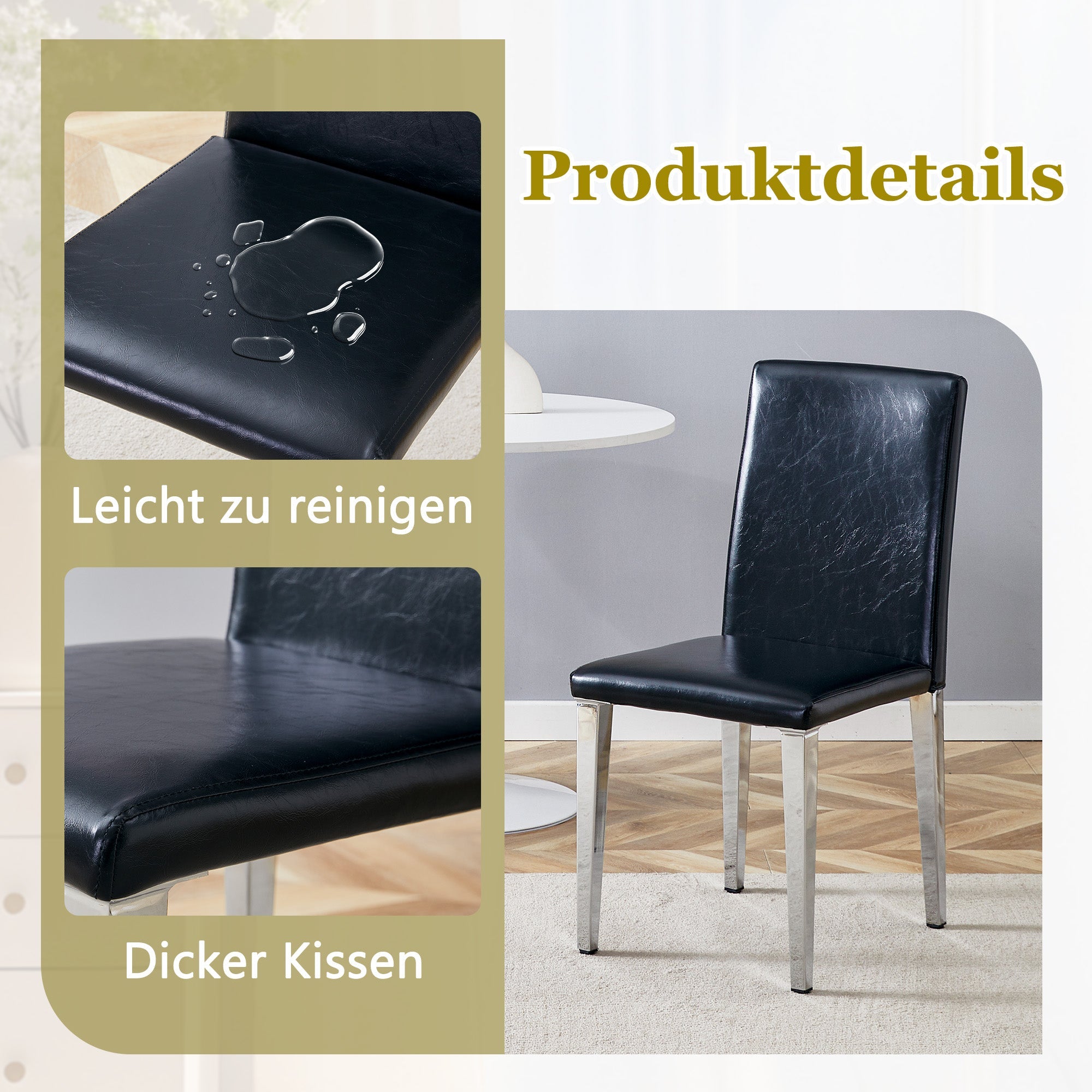 Minimalist Dining Chairs Set of 2, Ergonomic PU Leather and Metal, Black and Silver