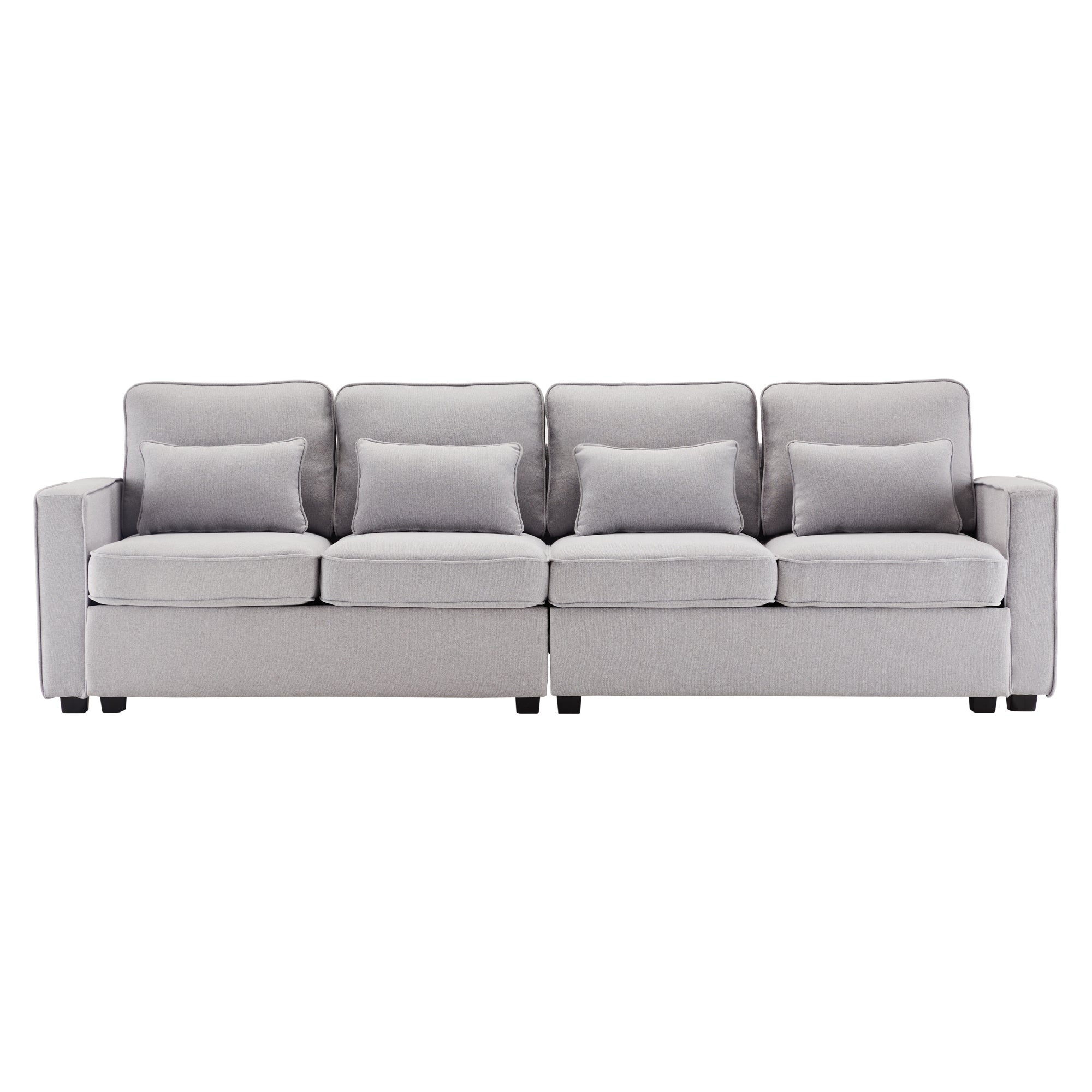 Sofa, 4-Seater with Armrest Pockets & 4 Pillows, Linen Fabric