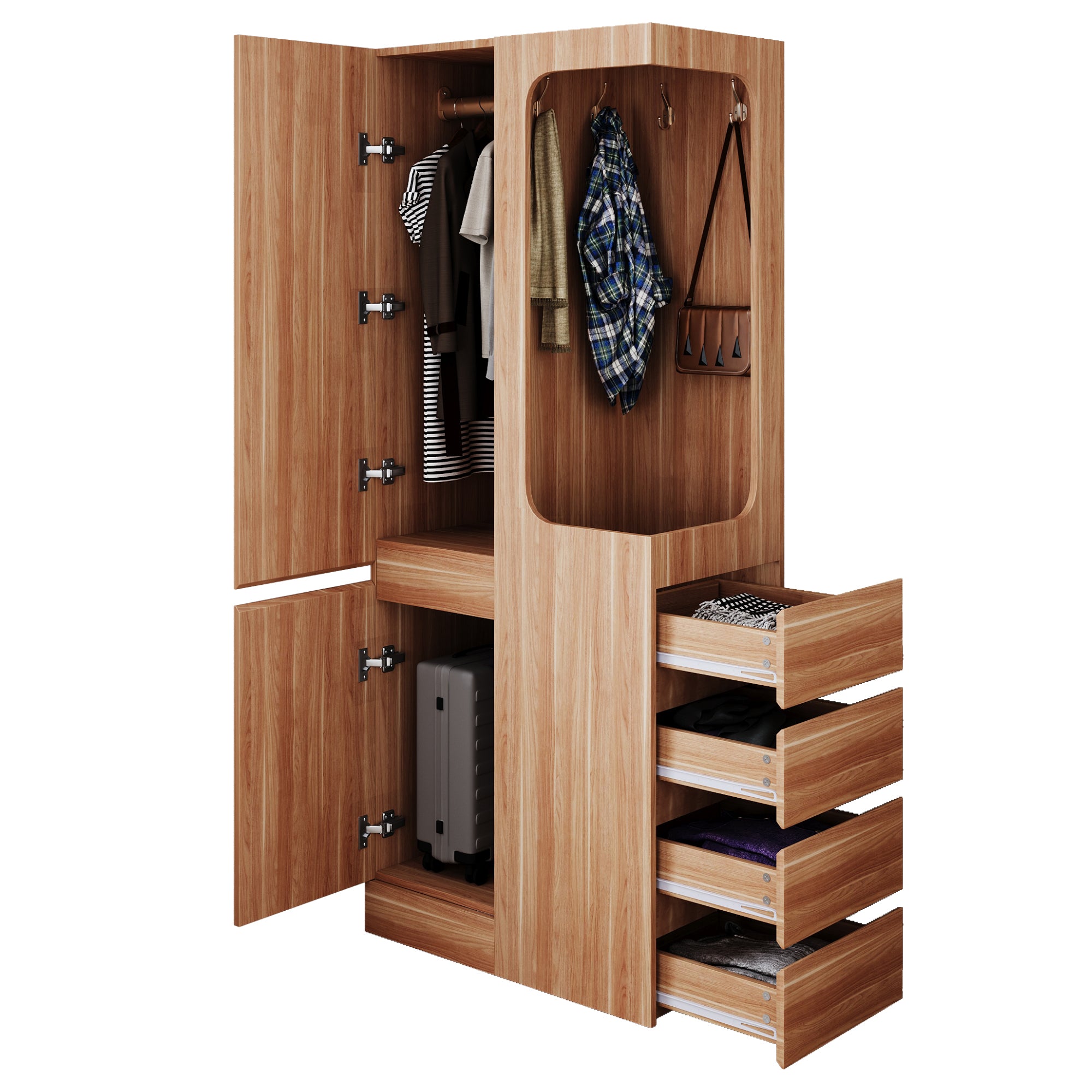 Wardrobe 70x40x170cm Drawers Single Door Open Storage - Wood Color