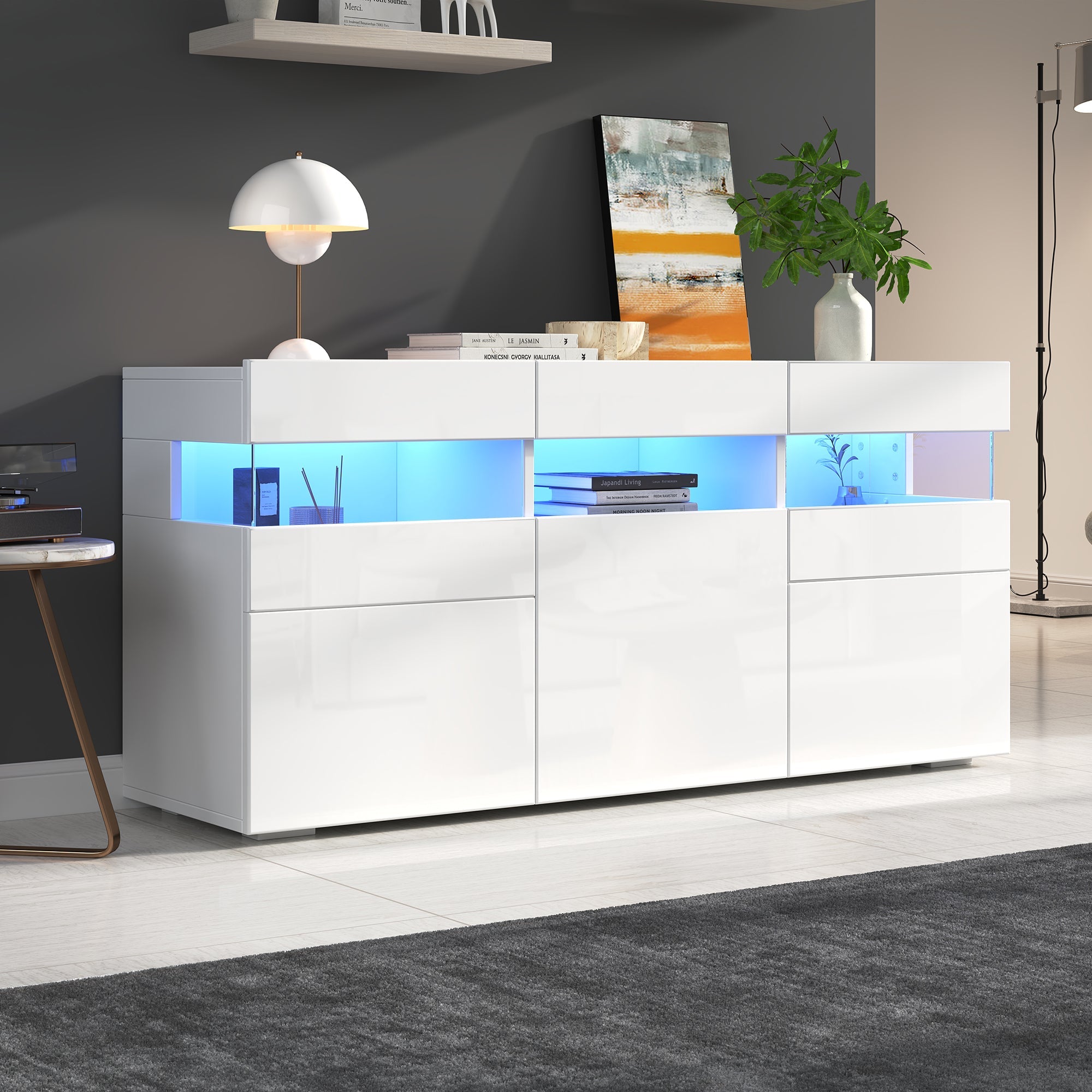 Living Room Sideboard 3-Door Cabinet LED Light Acrylic High-Gloss White