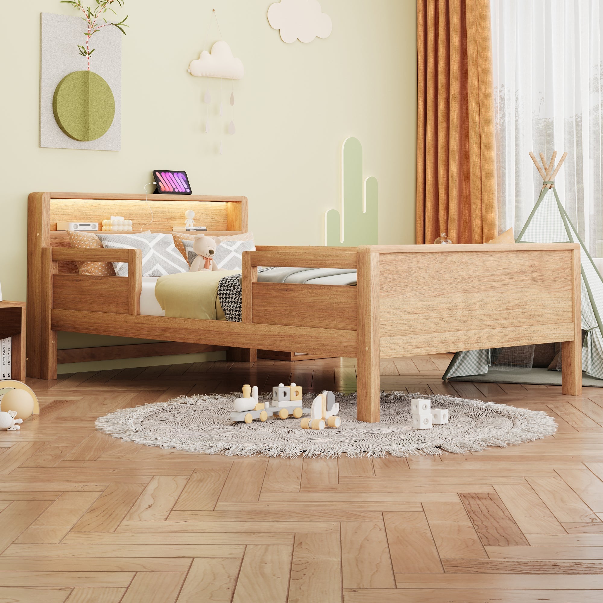 Wooden Bed, 90x200cm USB/Type-C, LED Light, Storage Headboard, Pinewood
