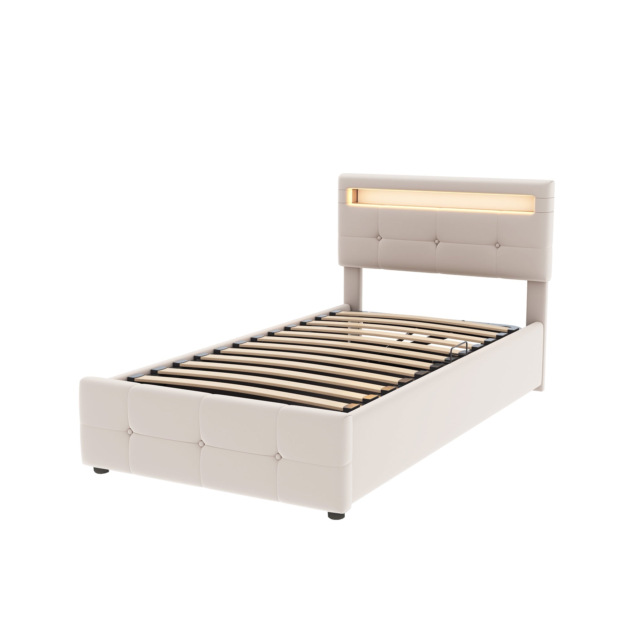 Upholstered Children's Bed 90x200cm, LED, Hydraulic Storage, Adjustable Headboard, Velvet Beige