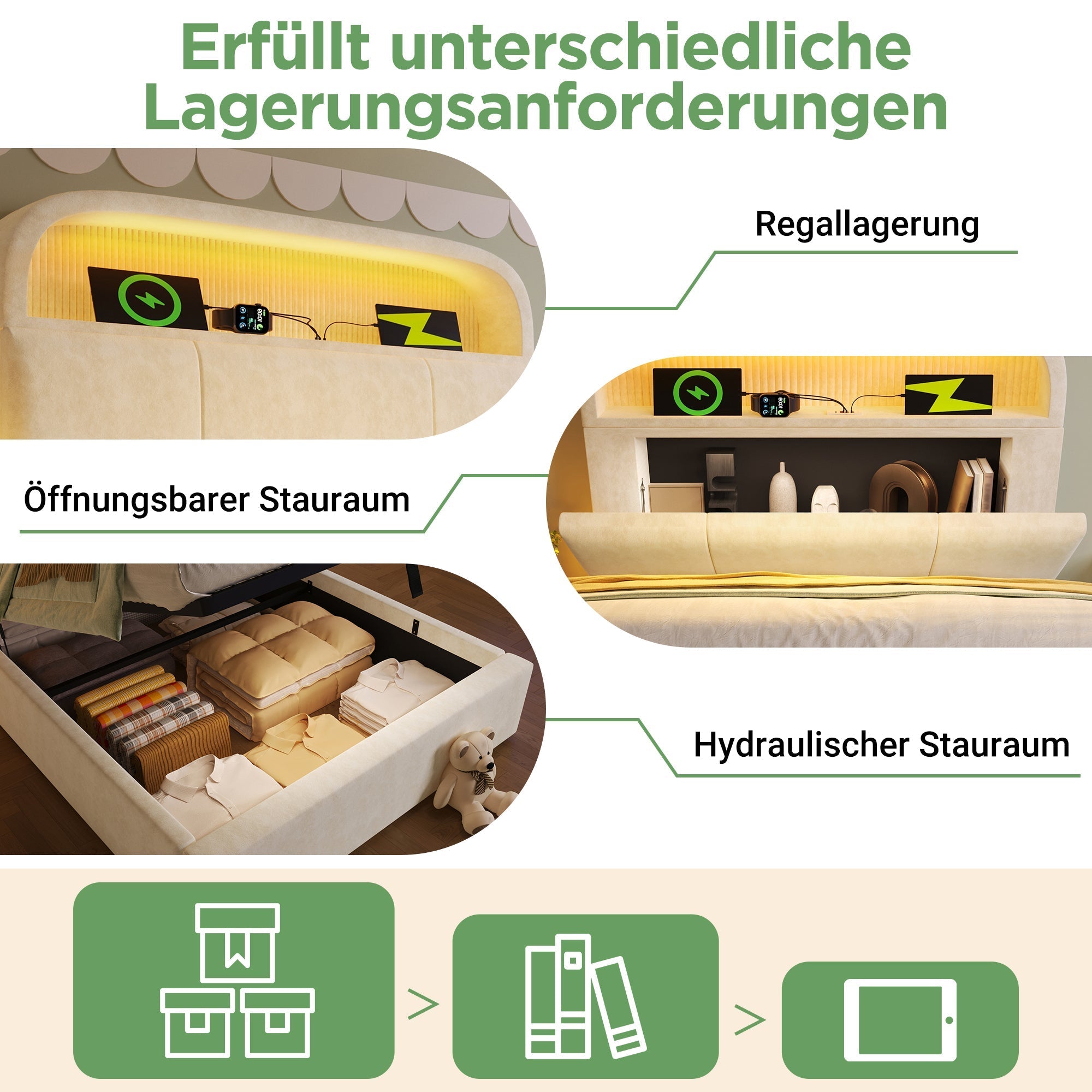 Upholstered Single Bed 90x200cm Adjustable Storage Headboard Hydraulic LED & USB/Type-C Charging Velvet Beige