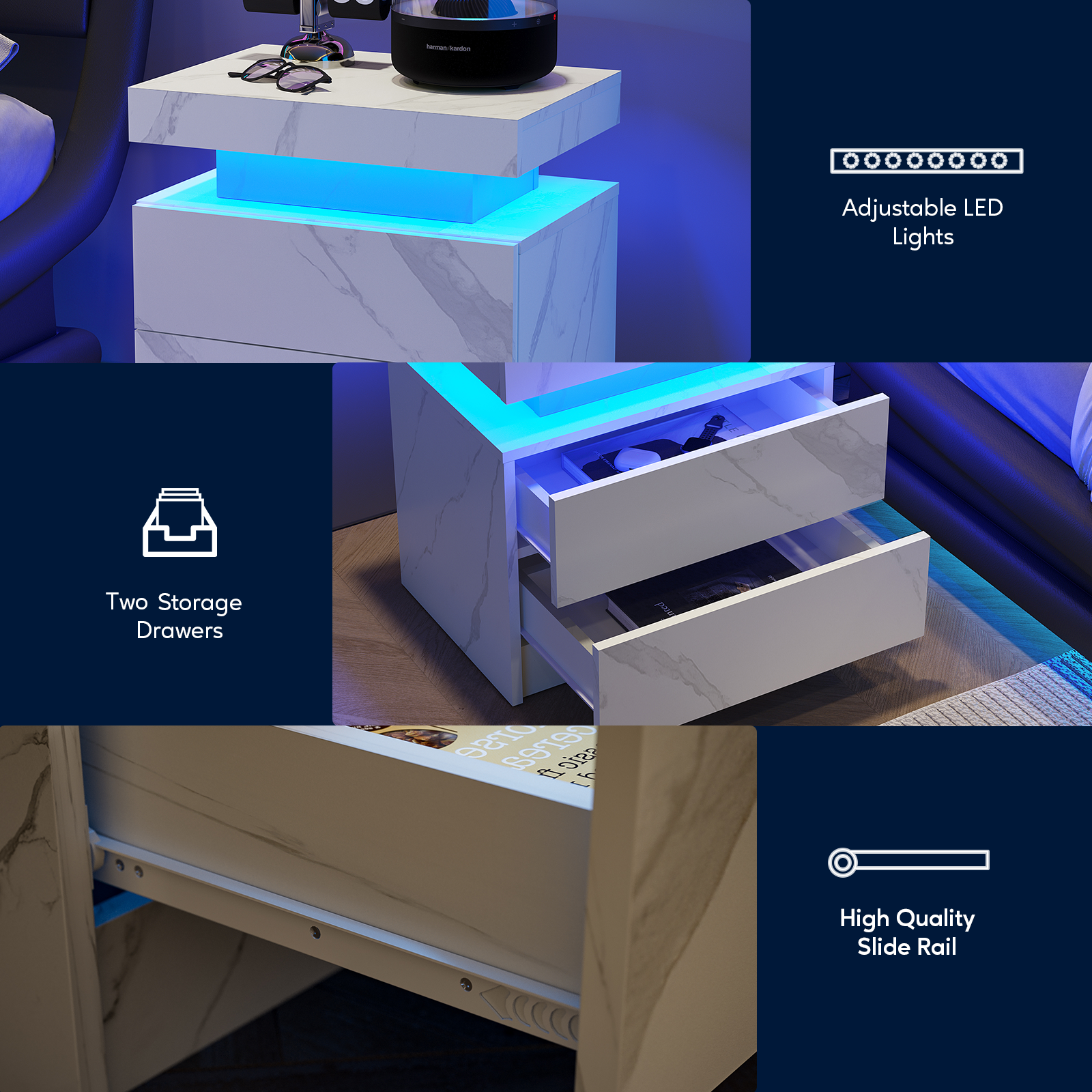 Nightstand LED Bedside Table with 2 Drawers, White Stone