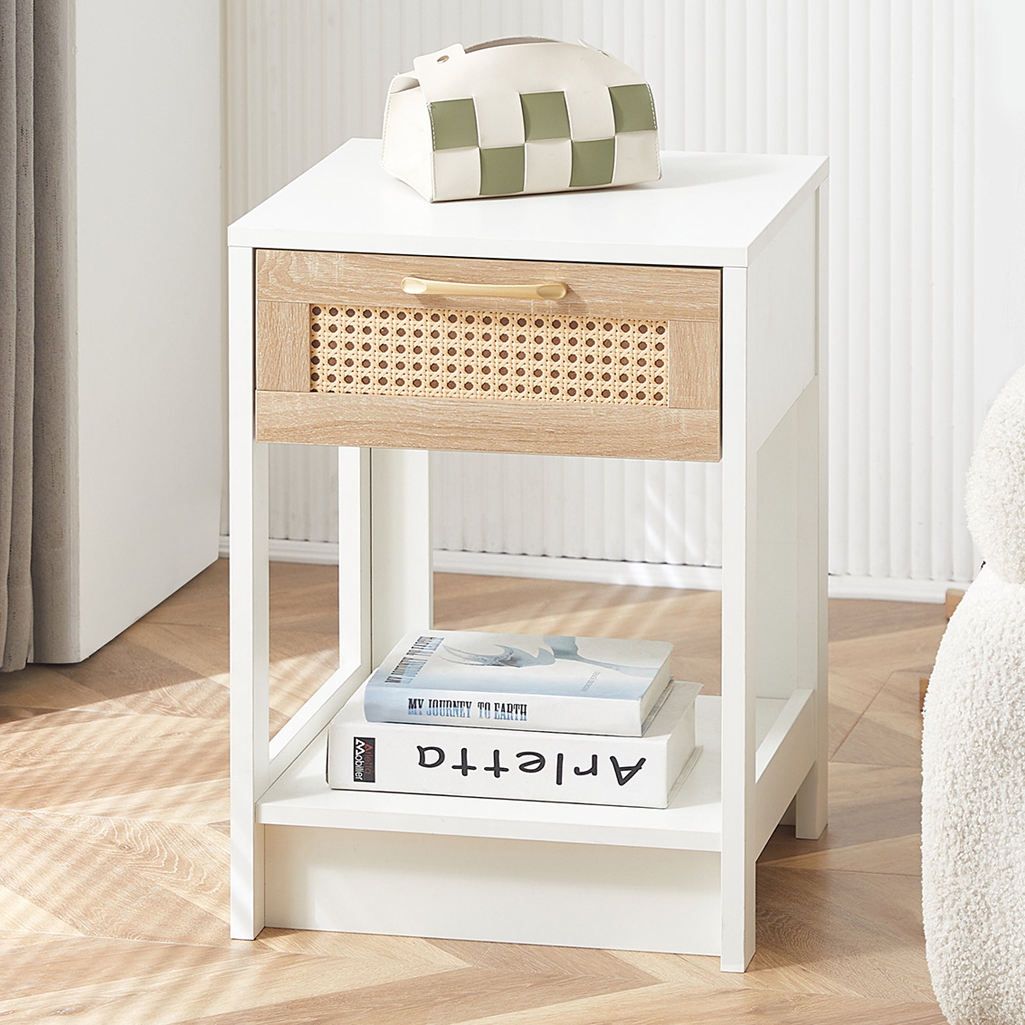 Rattan Side/Bedside Table with Drawer Modern - White