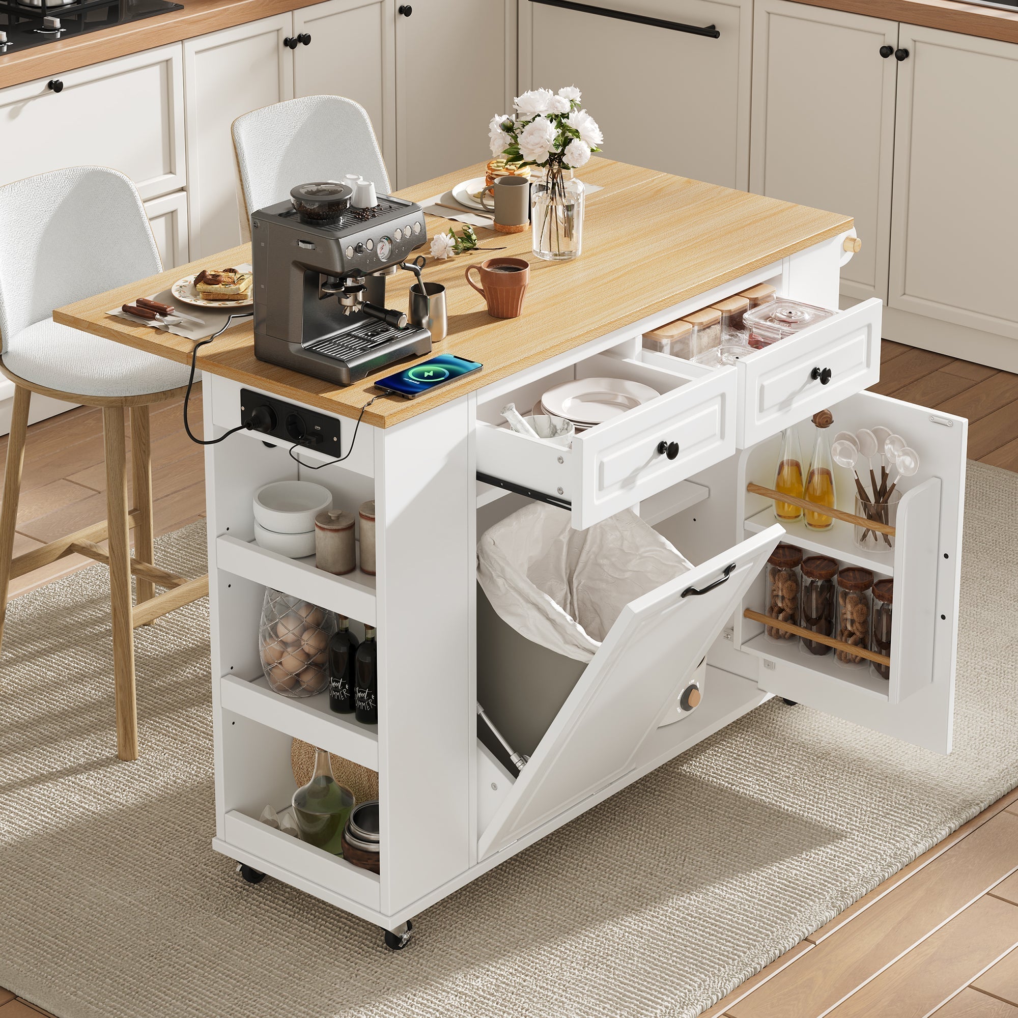 Kitchen Island Mobile Extendable Dining Table Waste Bin Towel Rack Power Strips - White