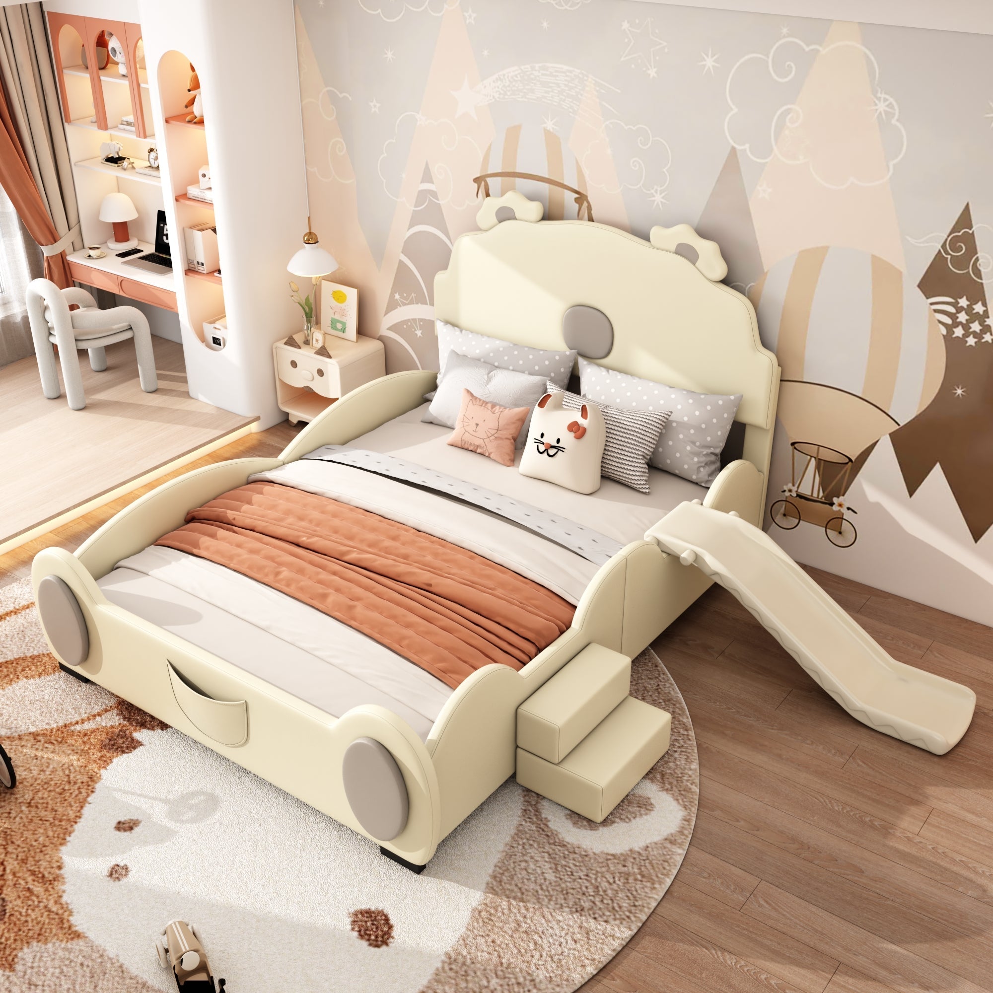 Bear Cartoon Bed for Children with Slide and Ladder, 140x200cm, Beige PU Leather