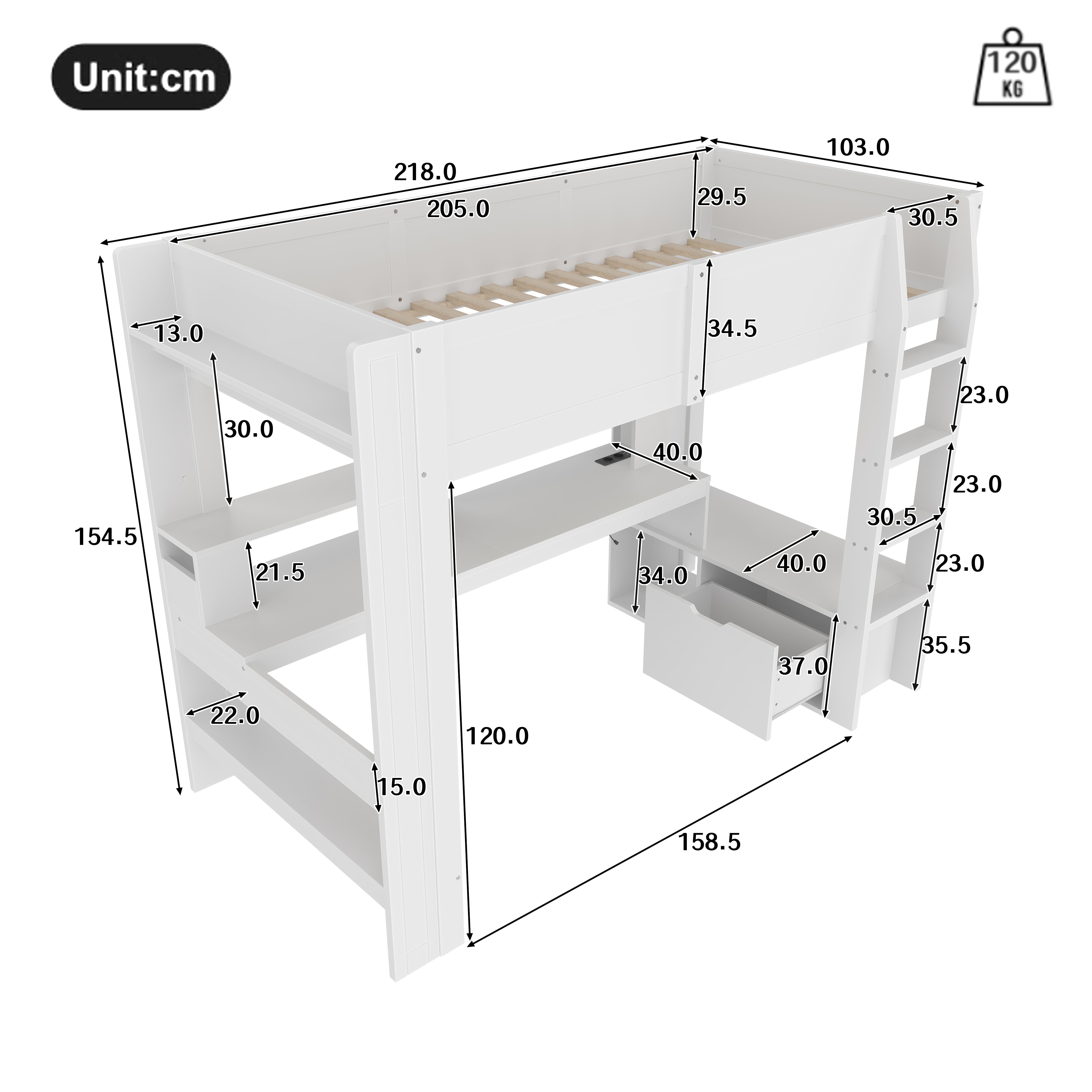 Loft Bed with Gaming Desk, LED Lights and Storage Shelves, White