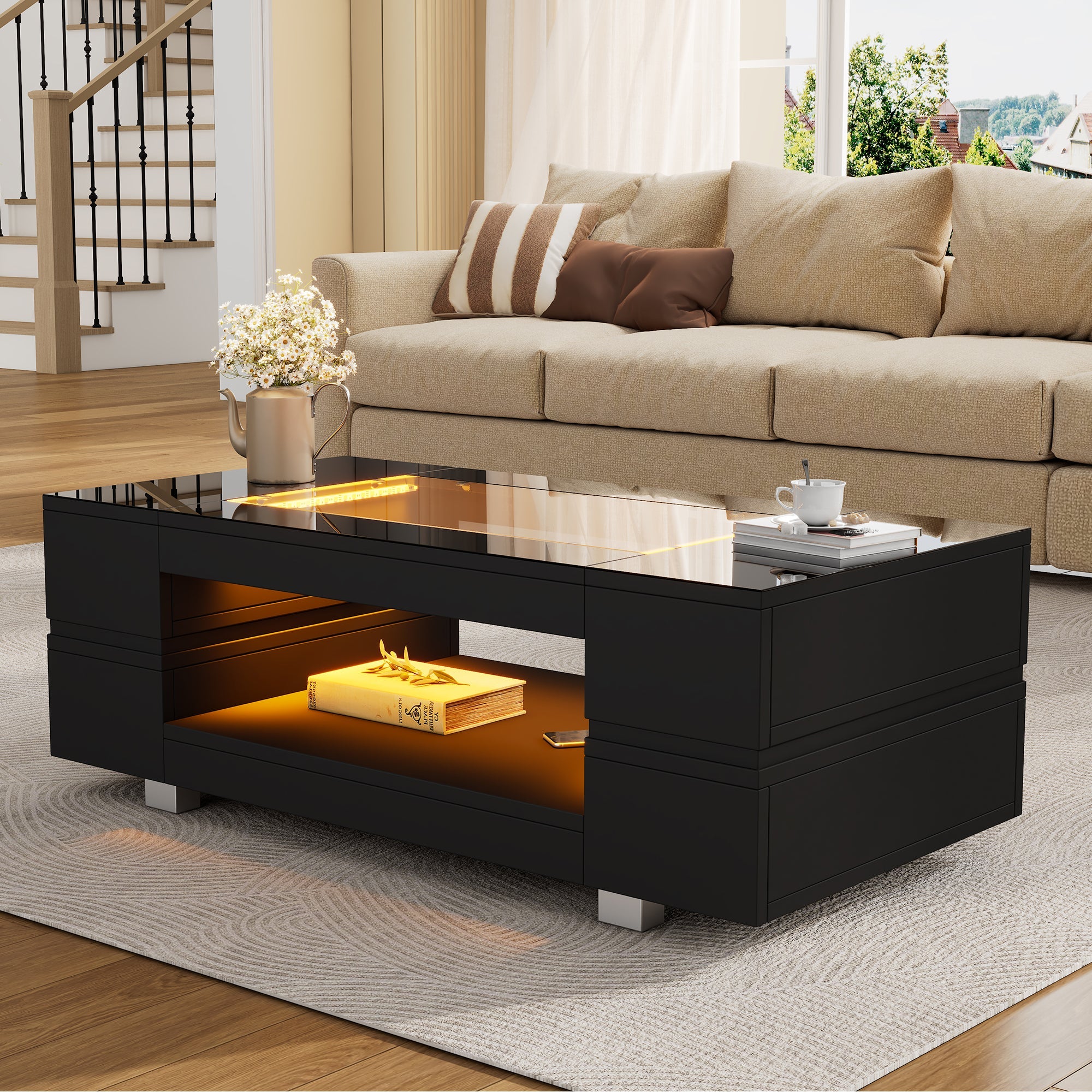 LED Coffee Table with Bluetooth App Control, Double-Layer High-Gloss, Black