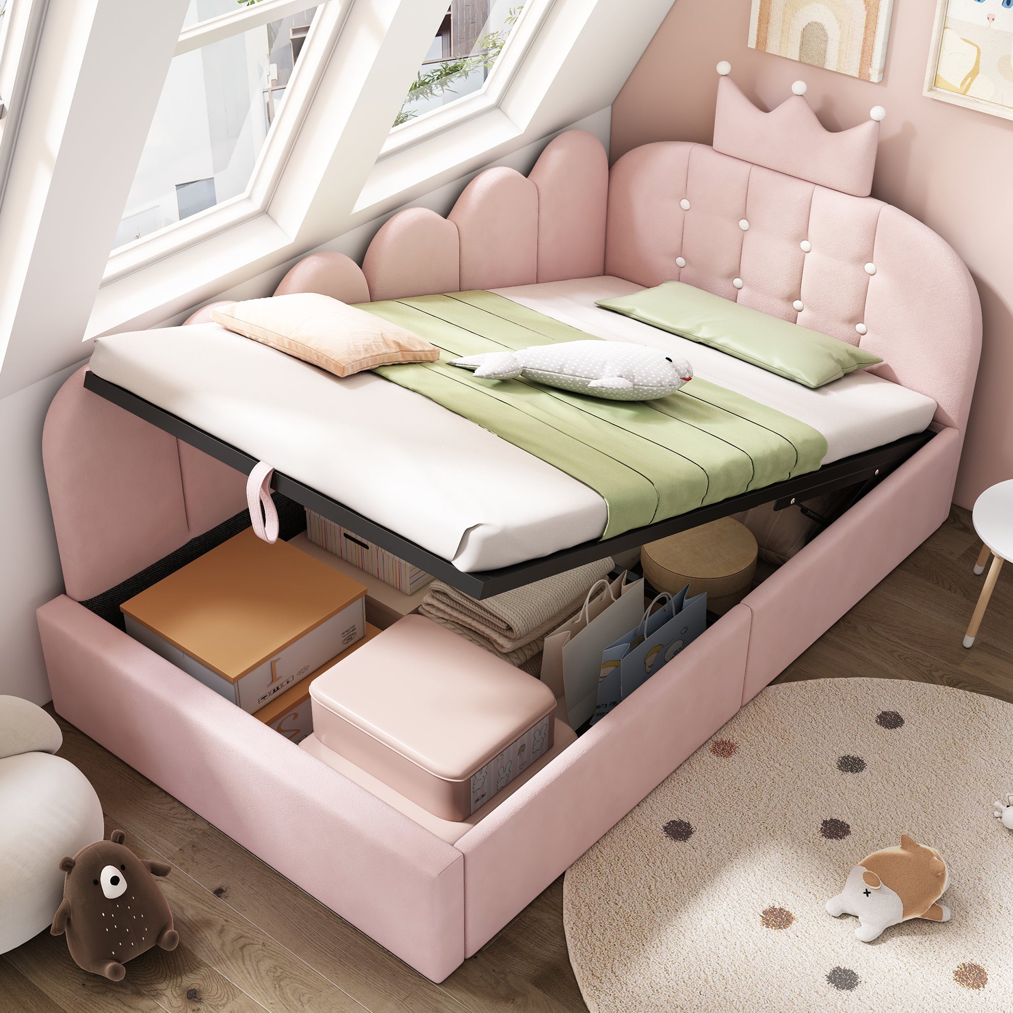 Upholstered Daybed with Hydraulic Storage and Crown-Lattice Design, 90x190cm, Pink Velvet