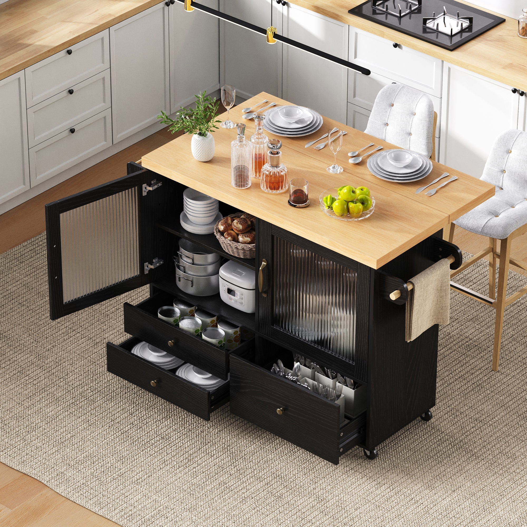 Mobile Kitchen Island Extendable Table Storage Wine Rack - Black