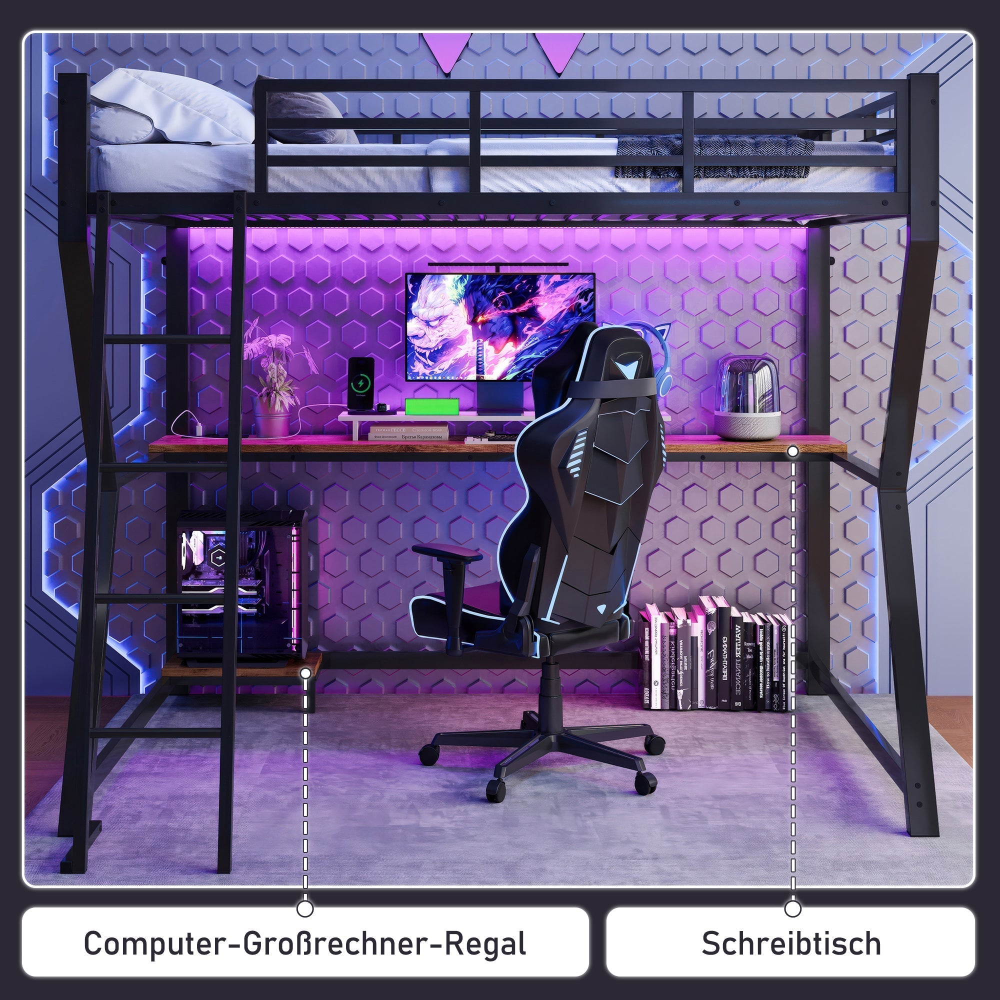 Loft Bed 90x200cm with Desk Storage Stairs LED Lights & USB Port Black
