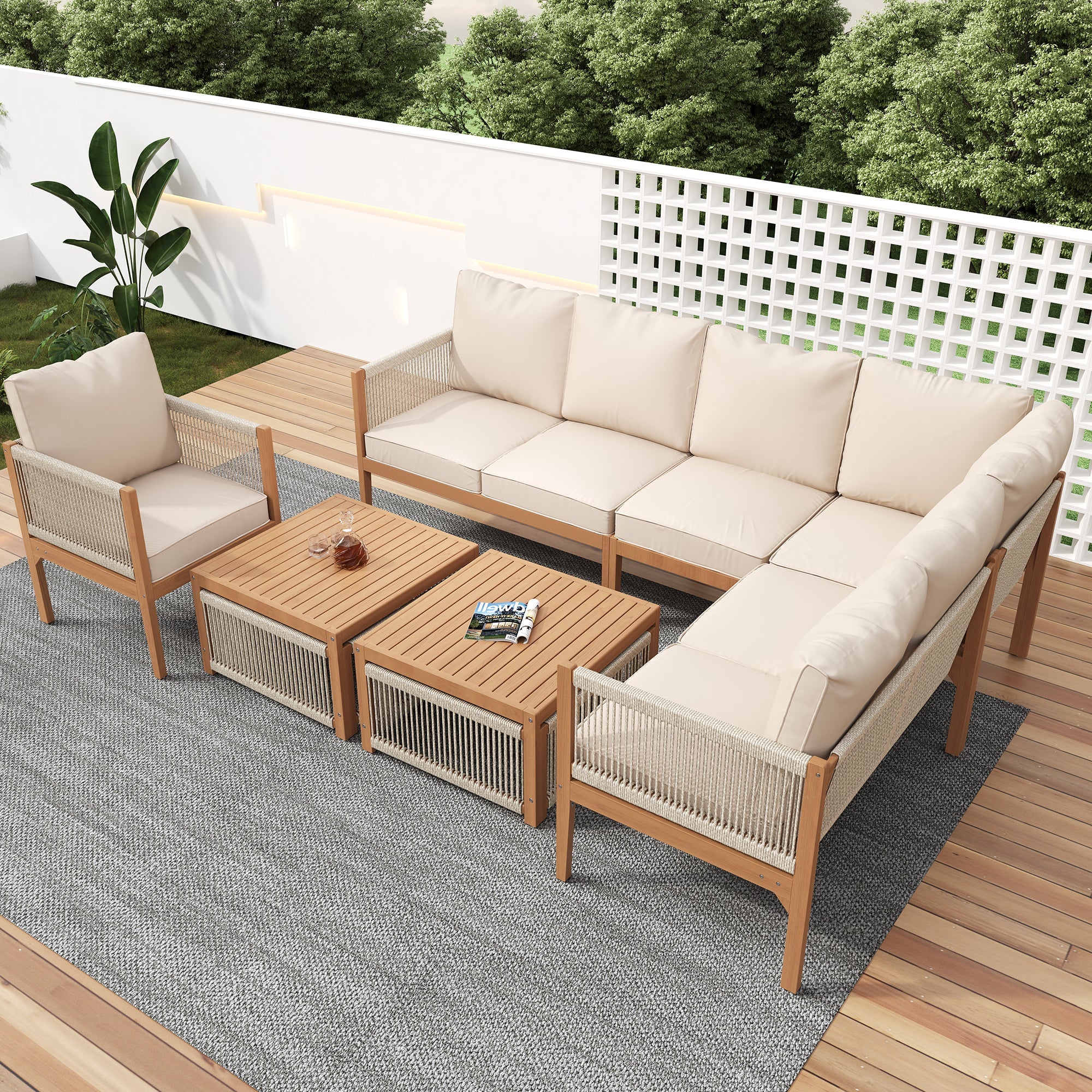 Garden Lounge Set, 7-8 Person Outdoor Sectional Sofa and Table with Washable Cushions, Natural and Beige