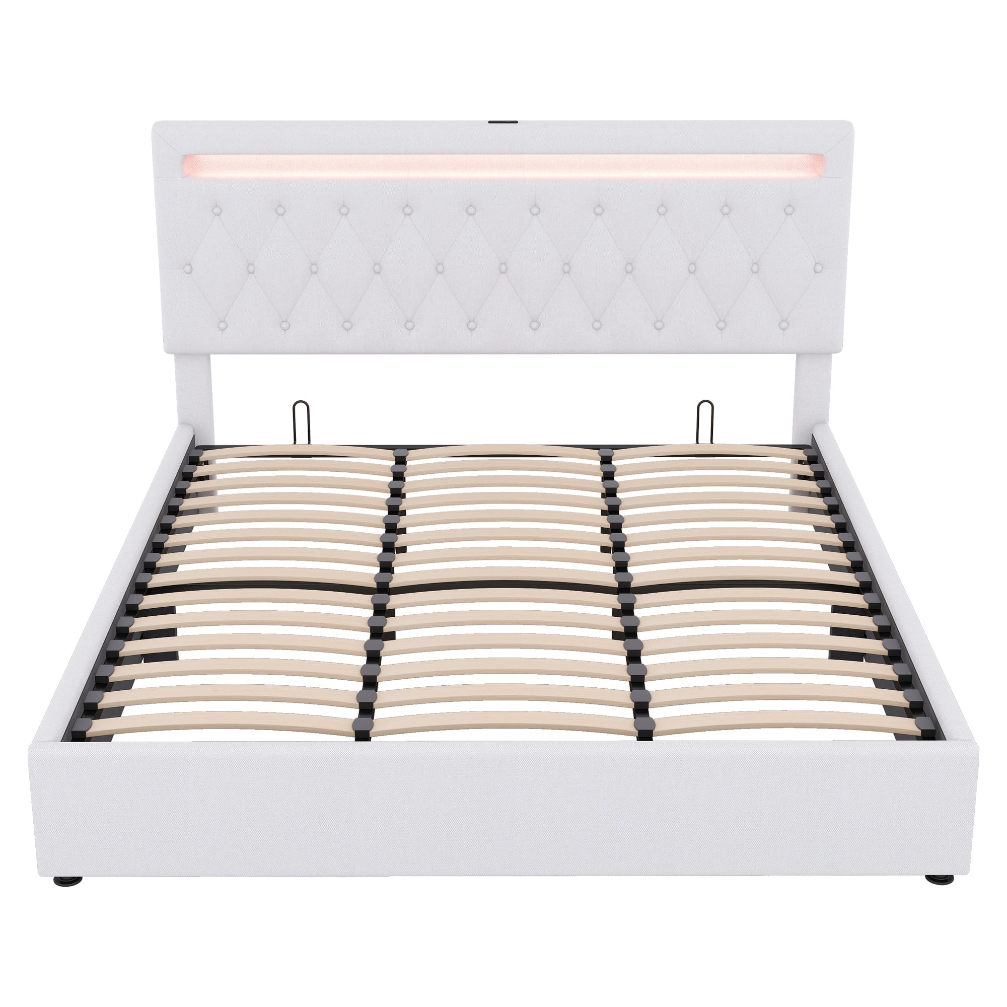 Upholstered Bed 180x200cm Hydraulic Storage LED USB - White