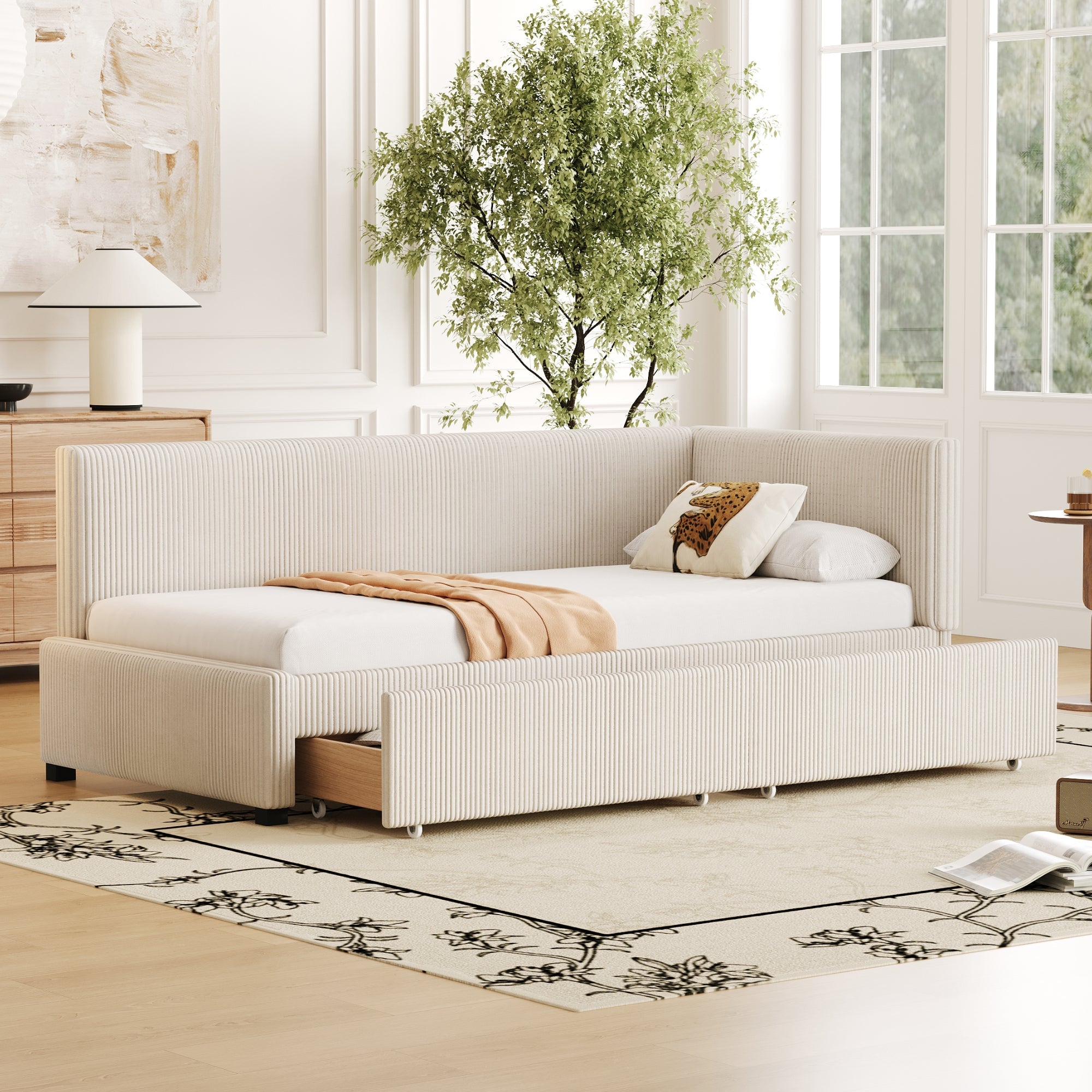 Upholstered Bed Sofa, 90x200 Multifunctional with Storage Drawers, Beige Velvet