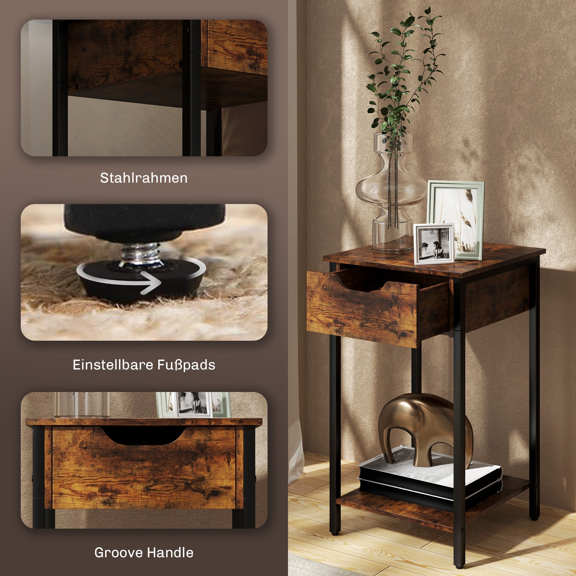 Beistelltisch, Couchtisch im Industrial Design mit Stahlrahmen, Rustikales Braun