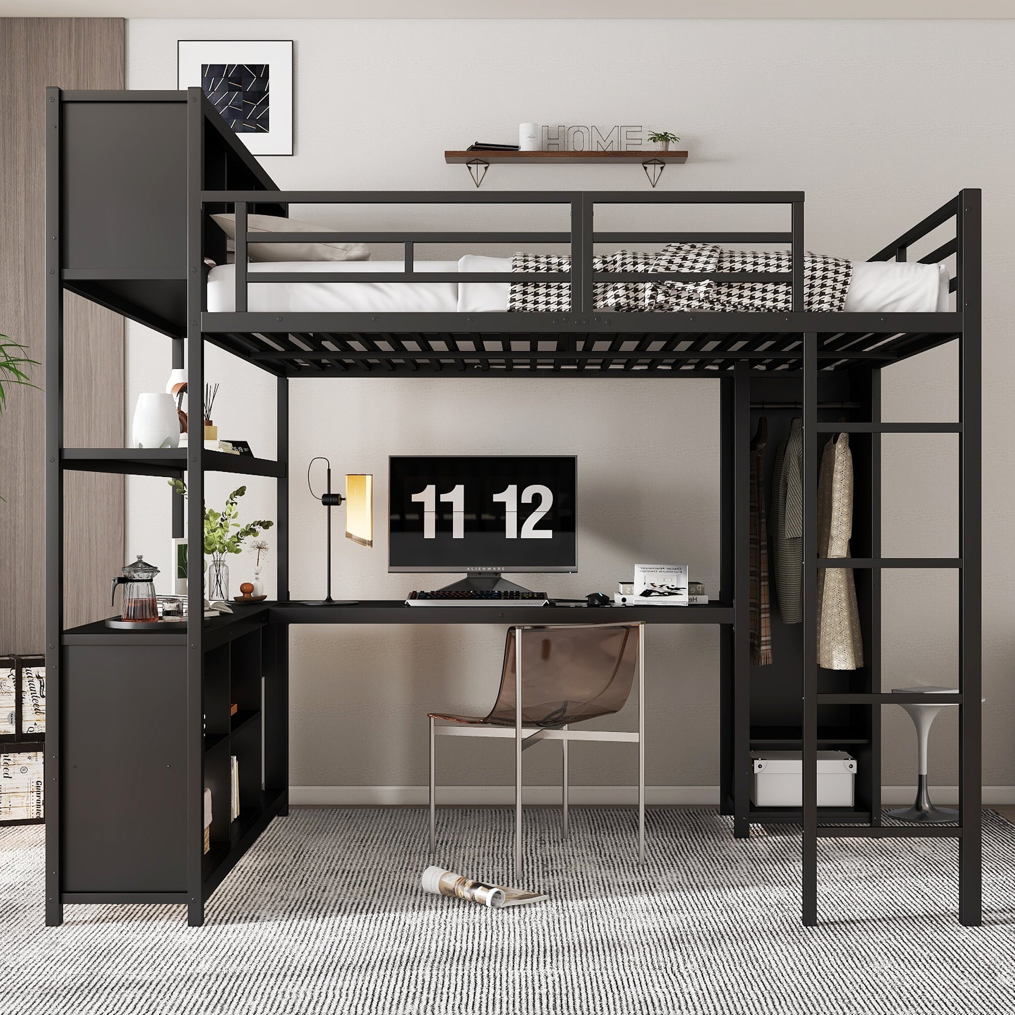 Iron Loft Bed, Double Storage, Desk & Wardrobe, Black 140x200cm