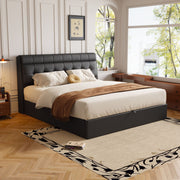 Upholstered Hydraulic Bed with Headboard and Ottoman Storage, 140x190cm, Black PU