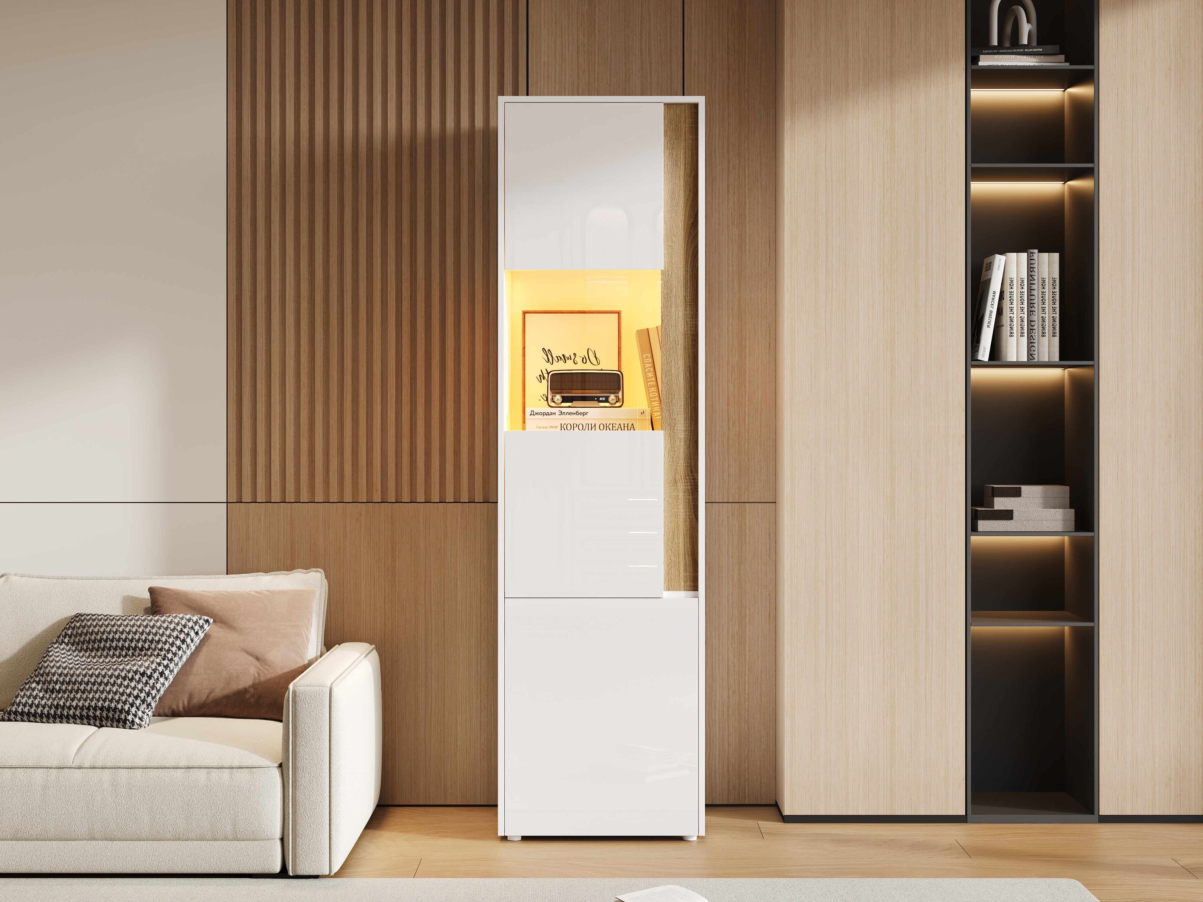 Display Cabinet Tall Storage Unit with LED Lighting 2 Doors White/Natural