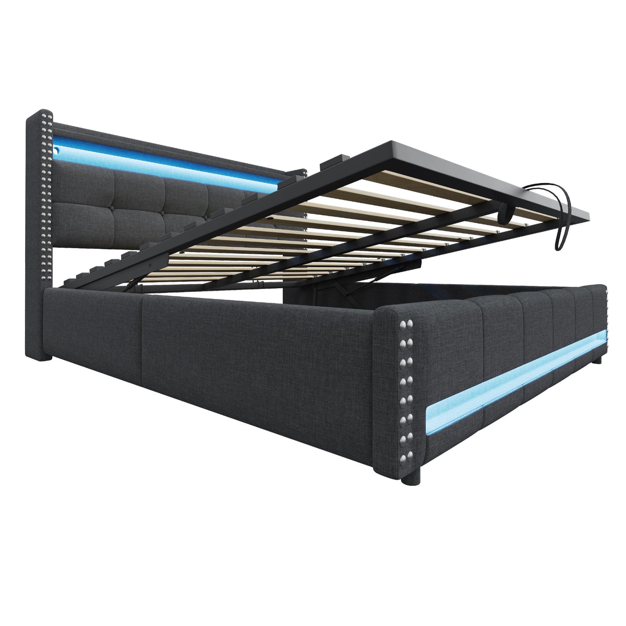 Upholstered Modular Bed with LED Headboard, USB Port and Hydraulic Storage, Gray Linen Fabric