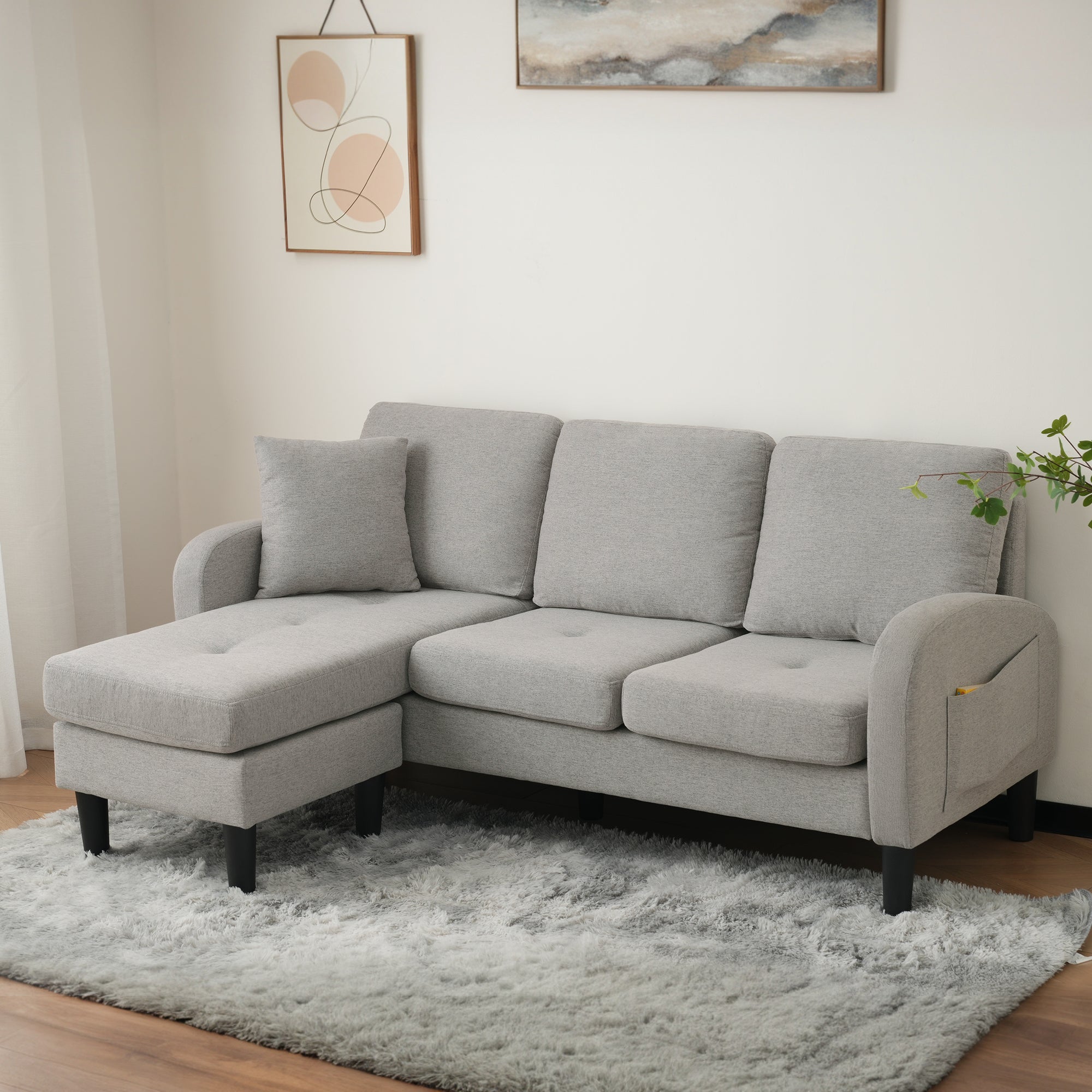 L-shaped Corner Sofa with Chaise Lounge, 3-Seater Modular Design, Cotton-Linen Fabric