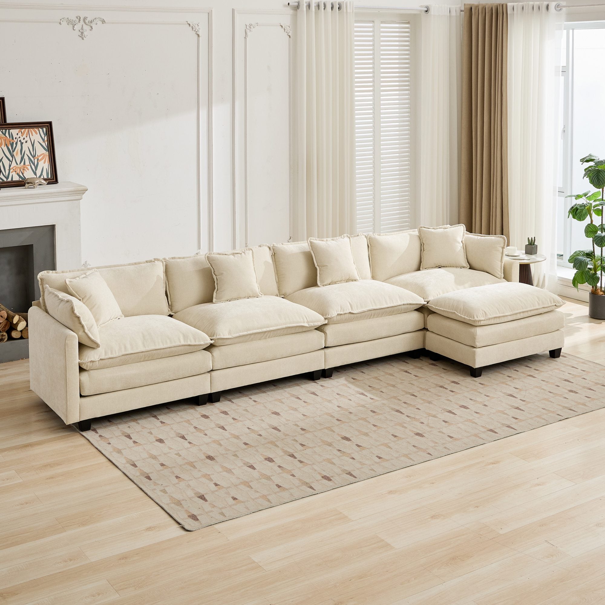 Cloud Sofa 4 Seats, Modern Sectional Couch with Double Layer Cushion, Beige Chenille Fabric
