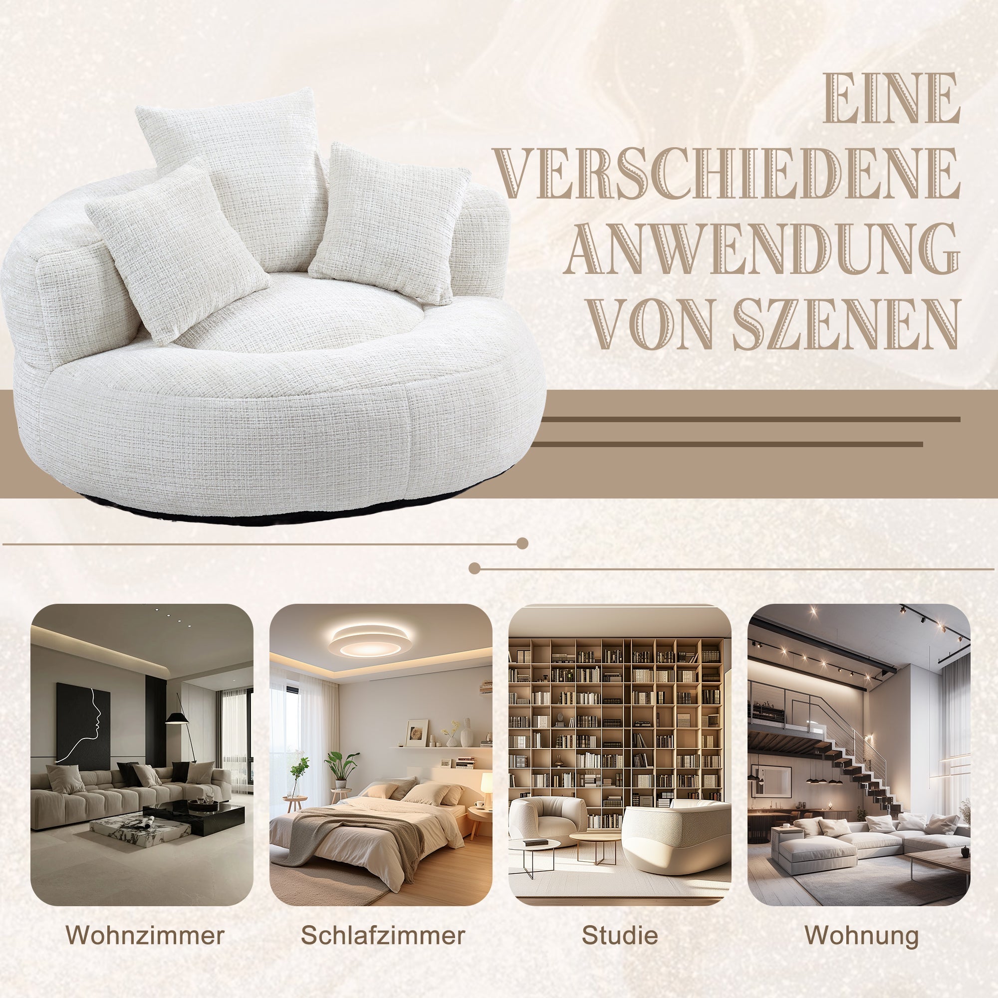 Lazy Sofa High Back Bean Bag Chair with Three Cushions, Indoor/Outdoor, Beige Chenille