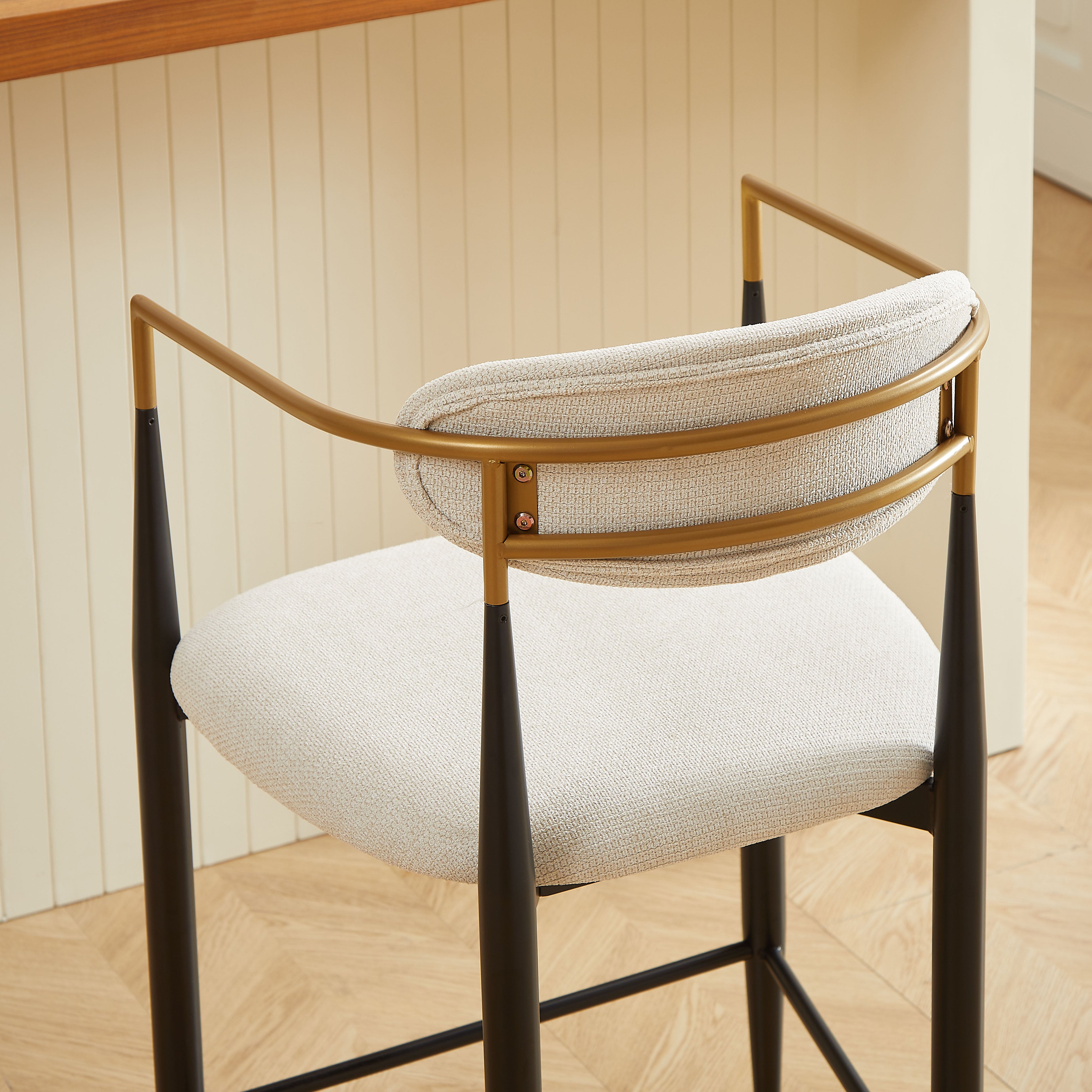 Set of 2 Bar Stools Armrests French Country Style Black/Gold - Cream Fabric