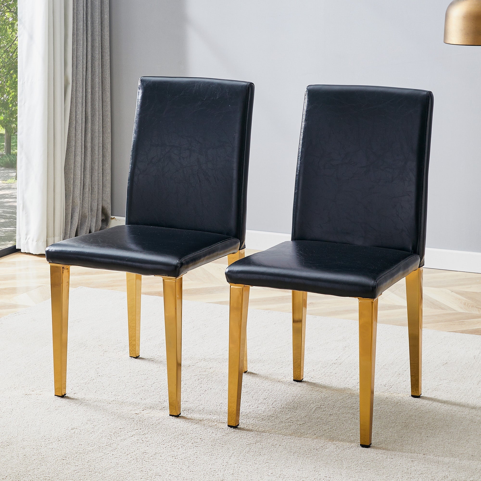 Minimalist Dining Chairs Set of 2 with Gold Metal Legs, Black PU Leather