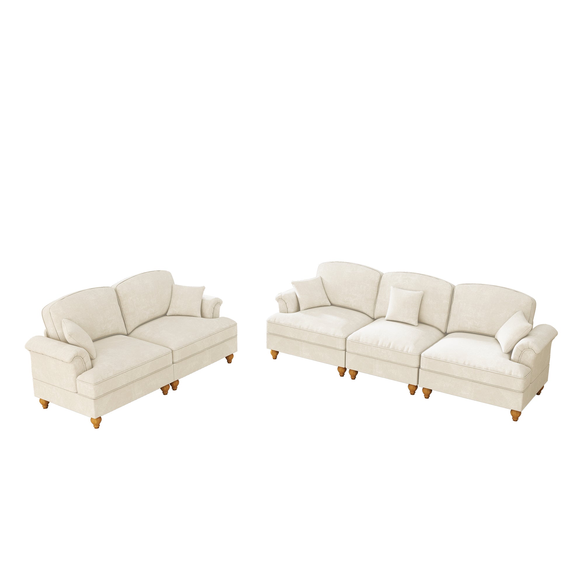 Classic 2-piece Modular Sofa Set 3-Seater 2-Seater Loveseat Ruffled Apron Spindle Legs - Chenille White