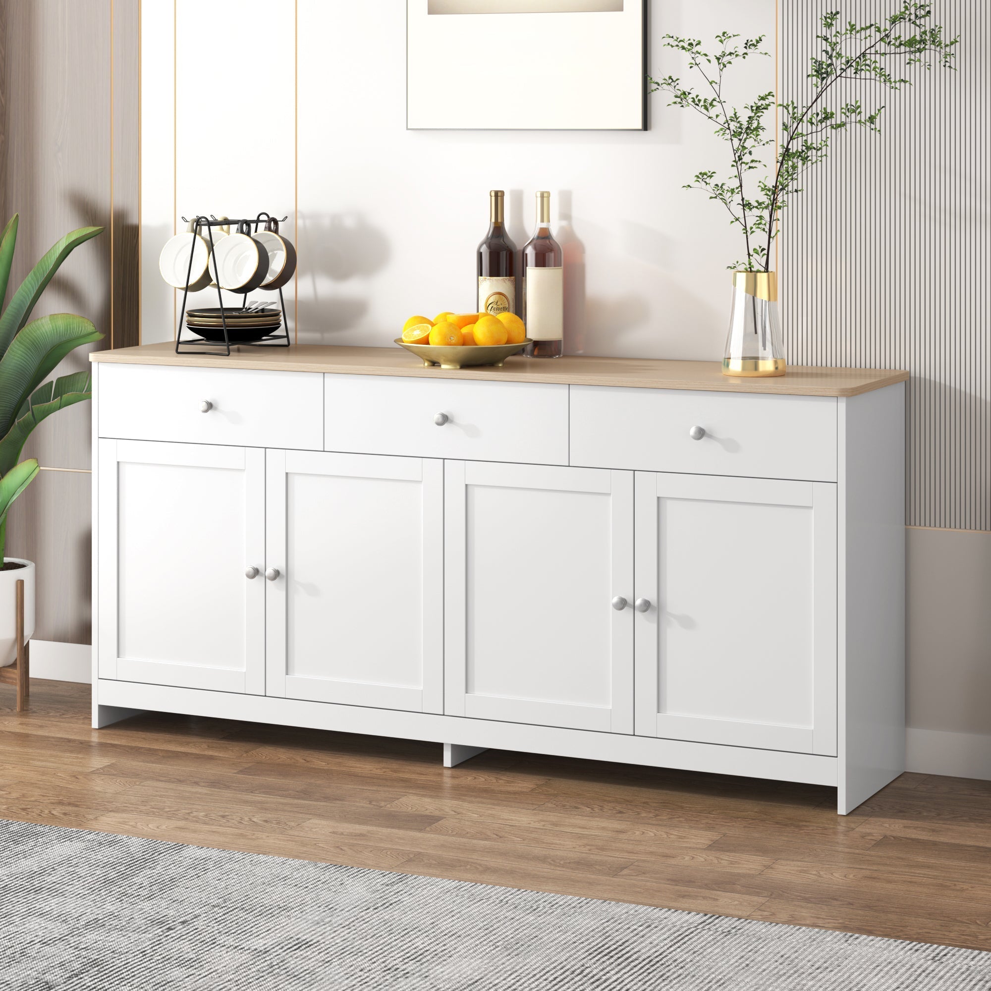 Sideboard Buffet Cabinet with 4 Doors and 3 Drawers, White Wood Grain and Natural Wood Color