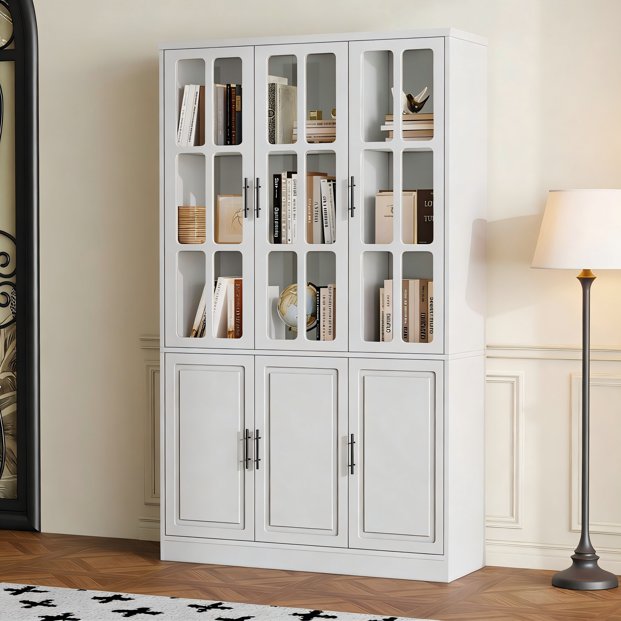 Standing Display Cabinet with 6 Doors and LED Lighting, White