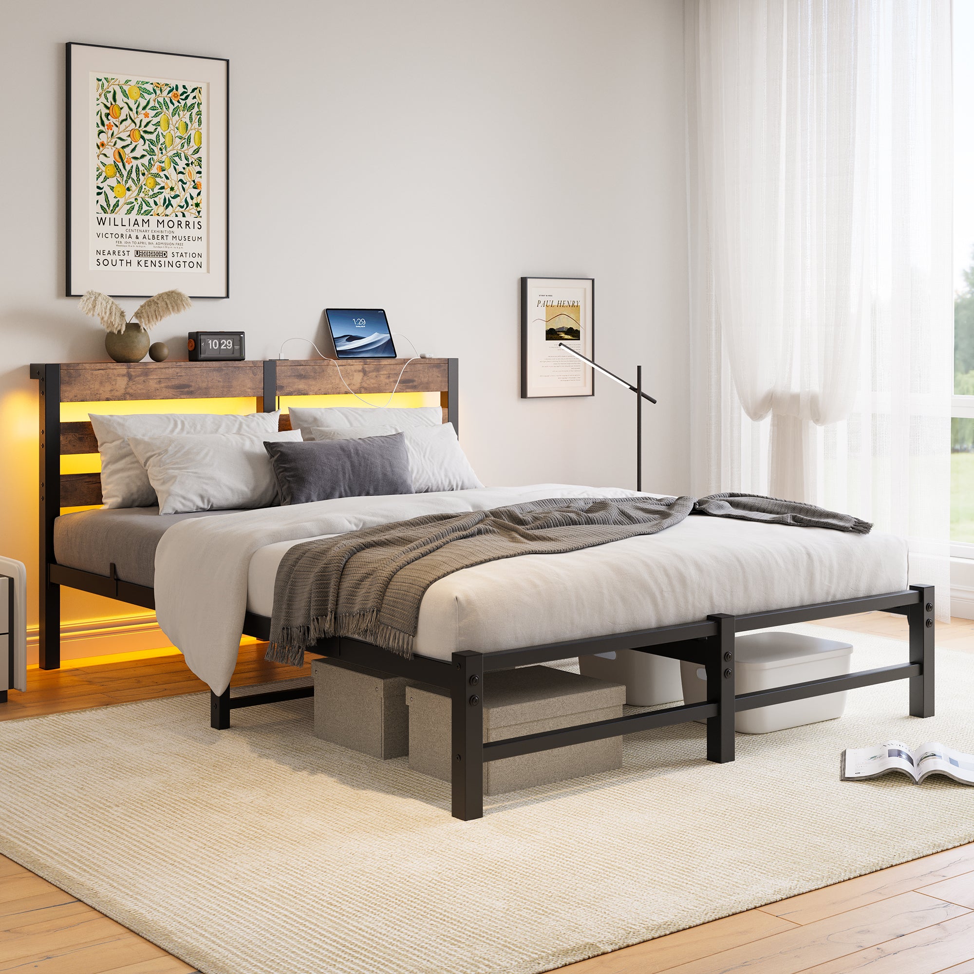 140x190 Bed Frame, LED & USB Charging, Storage Space, Metal
