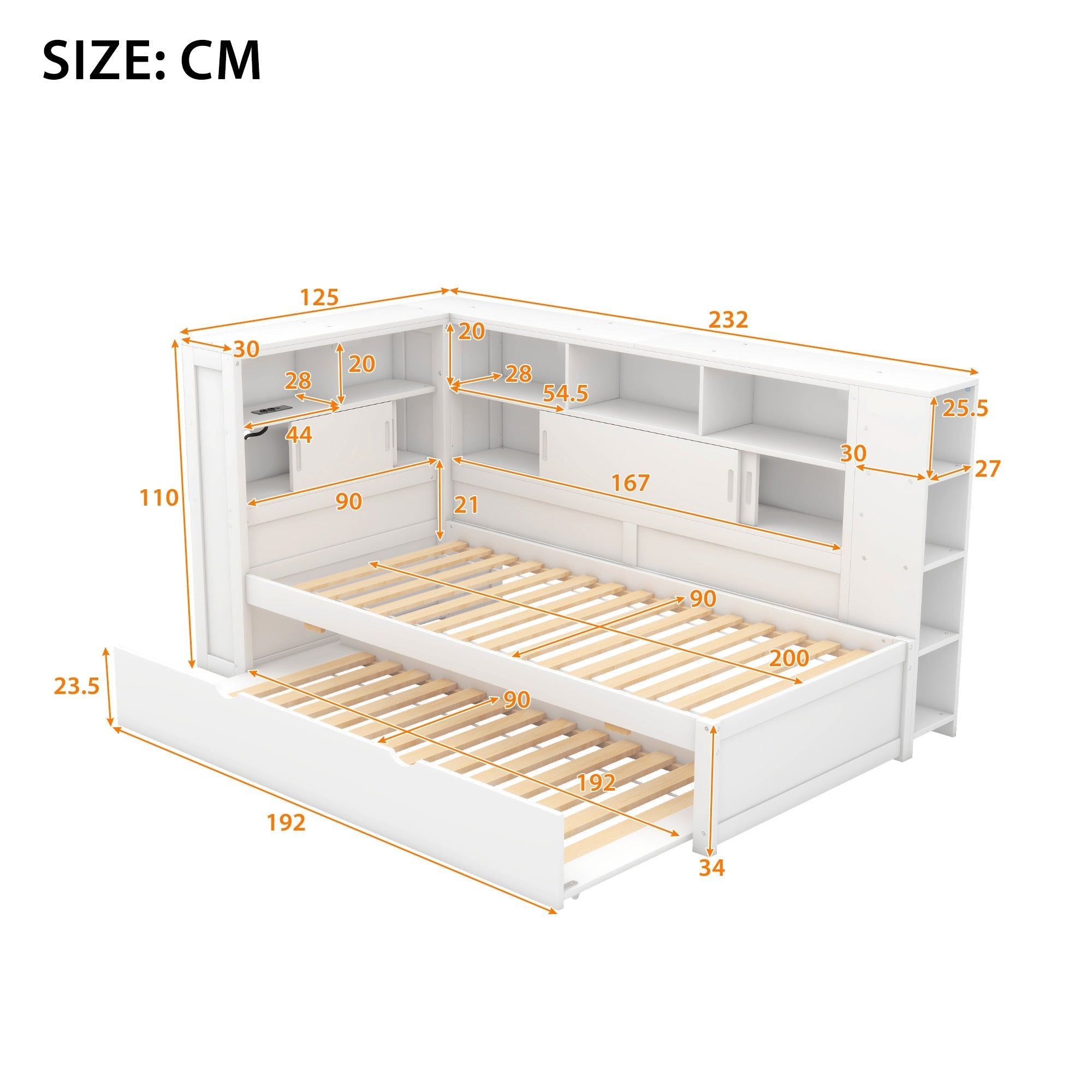 Daybed 90x200cm Pull-out Bed Storage USB - White Chipboard