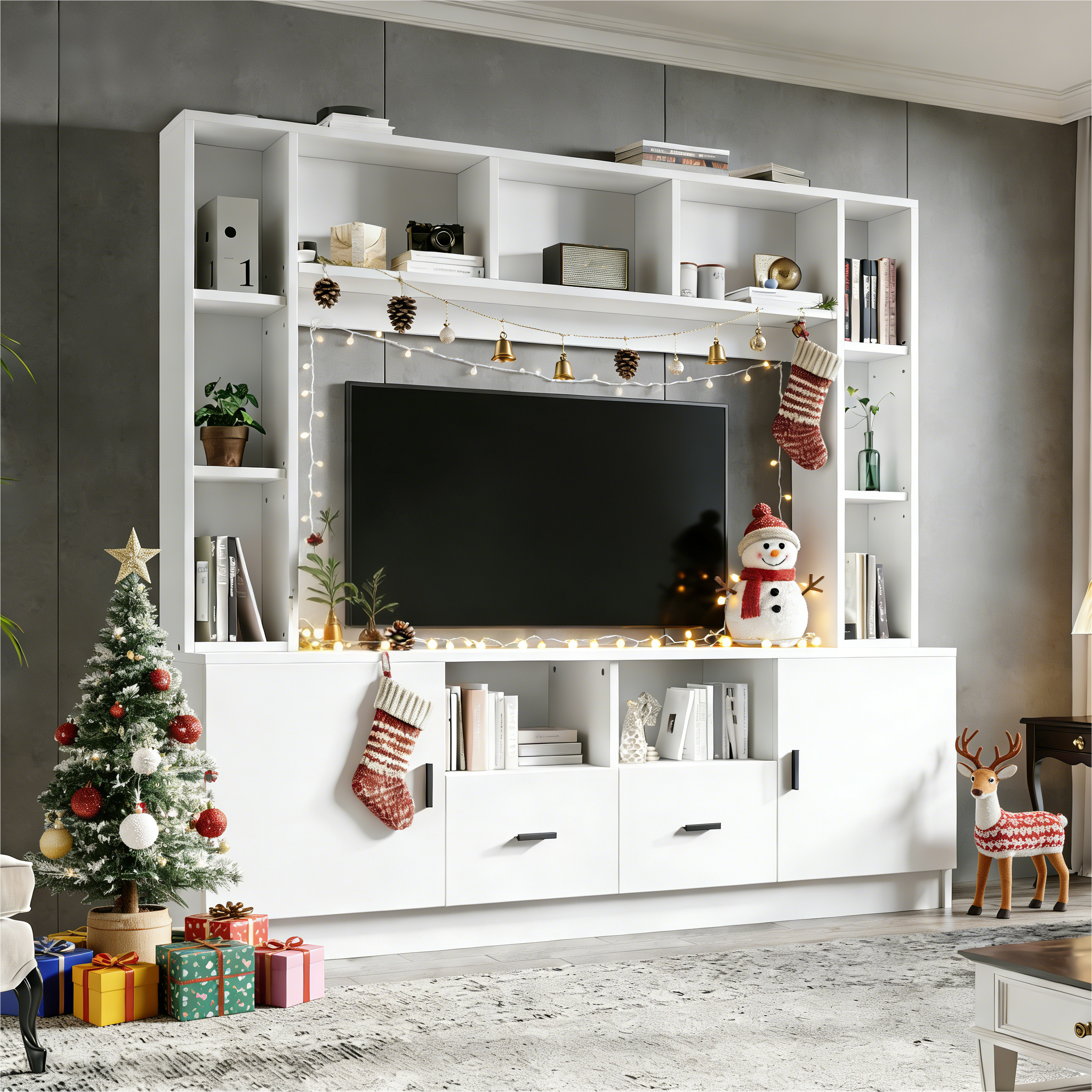 TV Wall Unit Set 180x170cm Display Cabinet 2 Cabinets 2 Drawers for 60" TV - White
