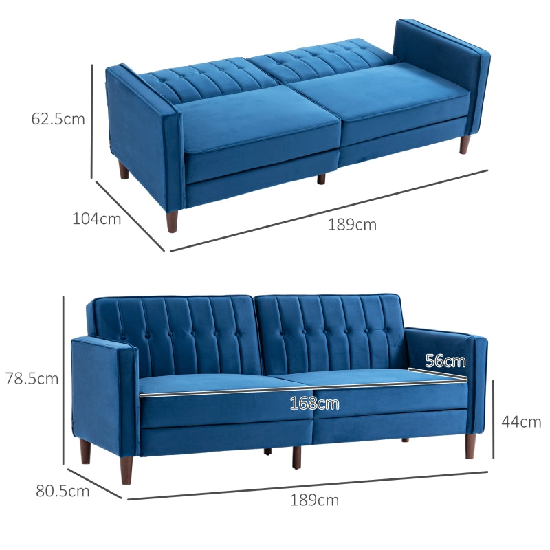 Three-Seater Sofa Bed Convertible Reclining Split Back Velvet-Feel Blue