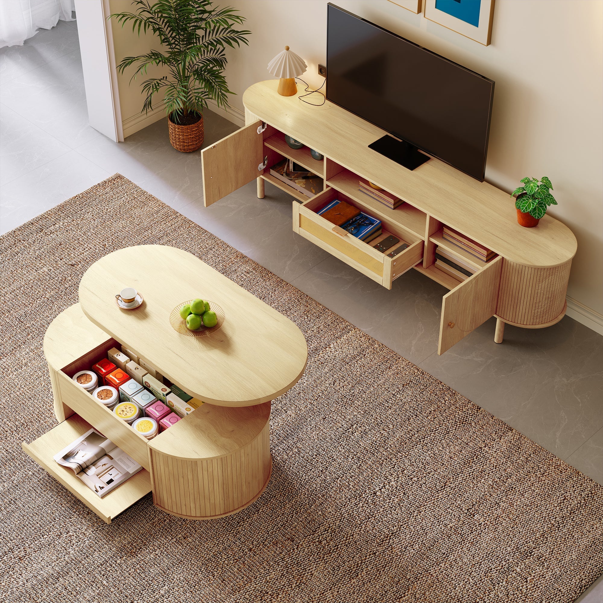 Living Room Furniture Set, Adjustable Coffee Table TV Cabinet Storage Modern Design
